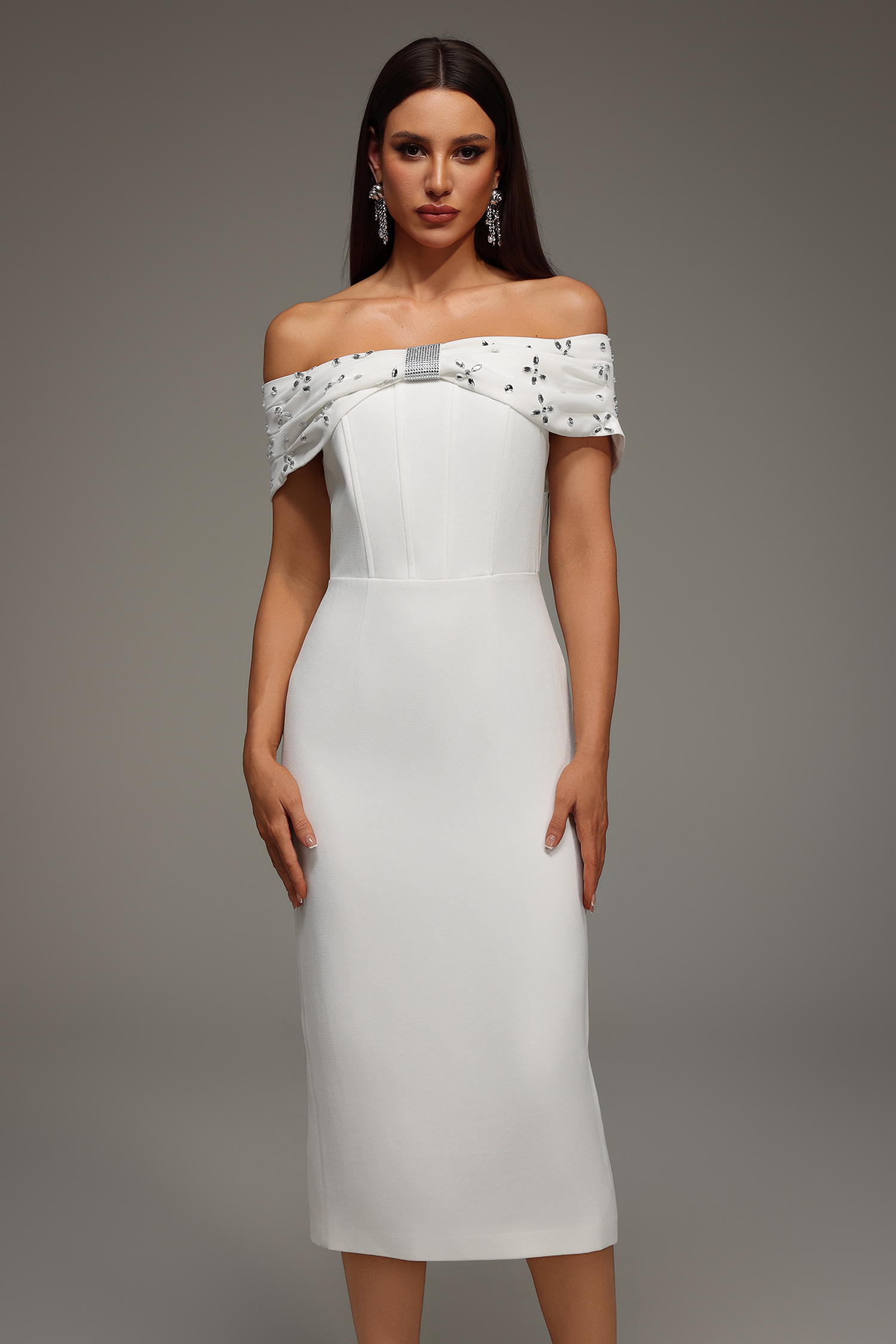 Rosie Sleeveless Off The Shoulder Diamond Bandage Midi Dress