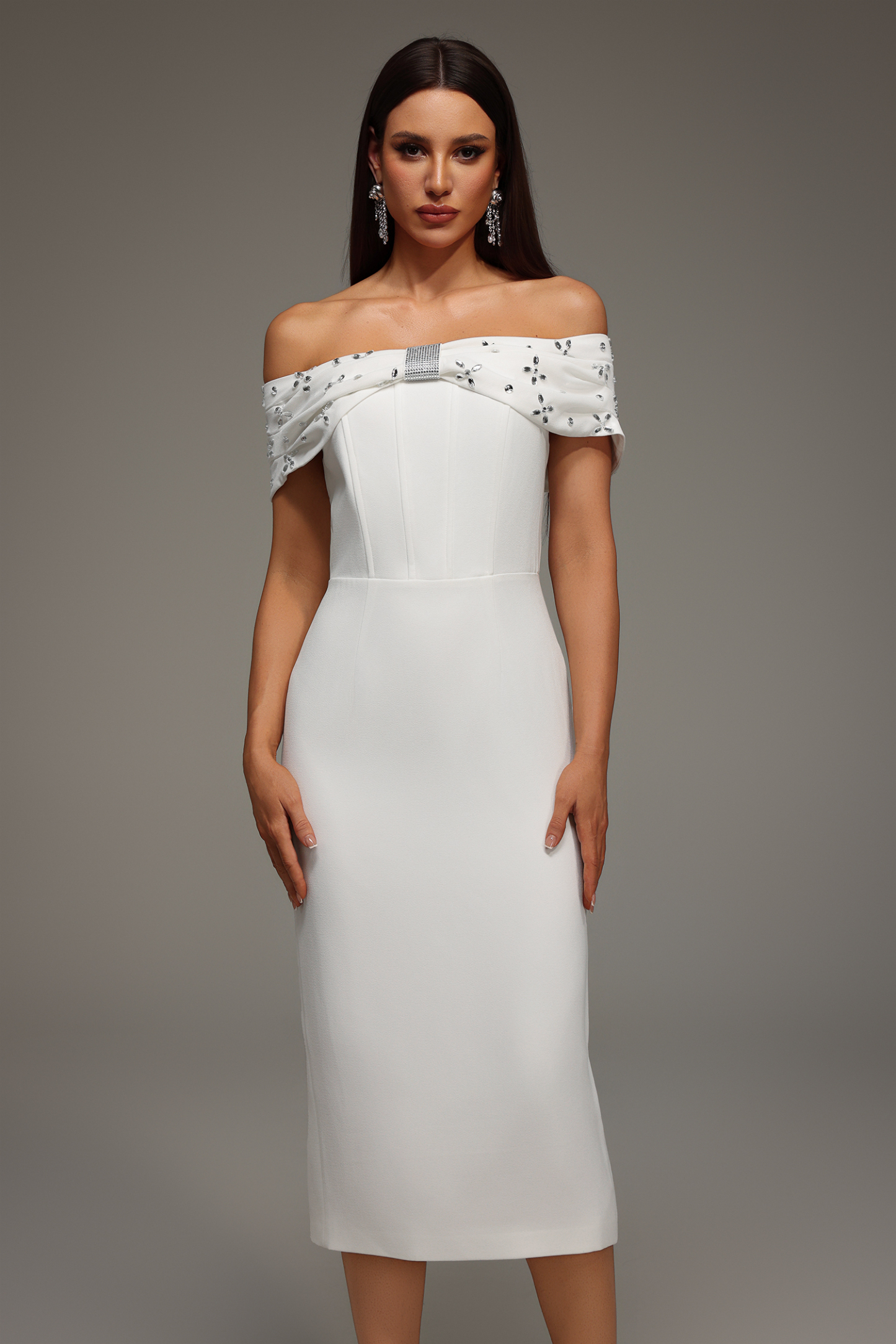 Rosie Sleeveless Off The Shoulder Diamond Bandage Midi Dress