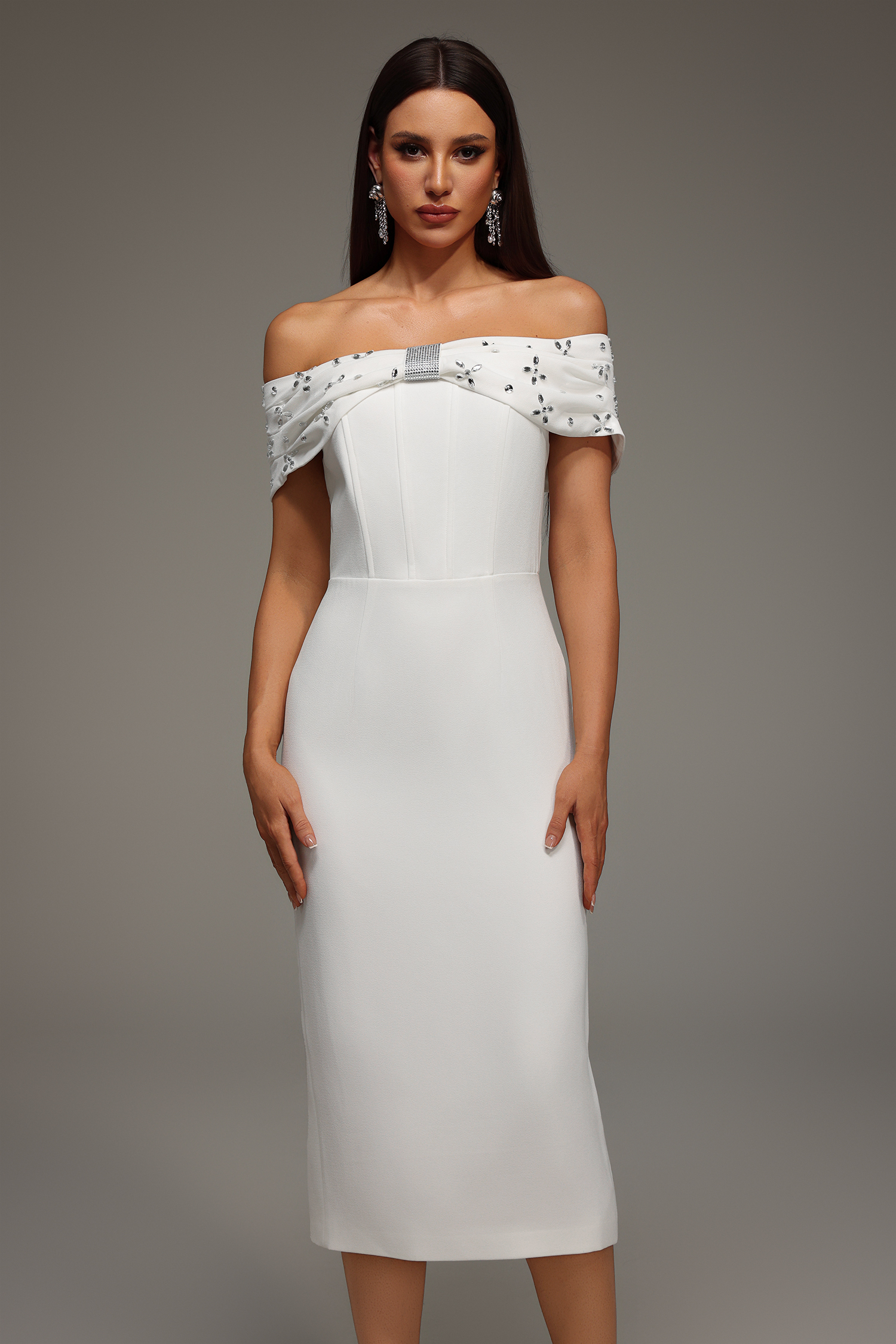 Rosie Sleeveless Off The Shoulder Diamond Bandage Midi Dress