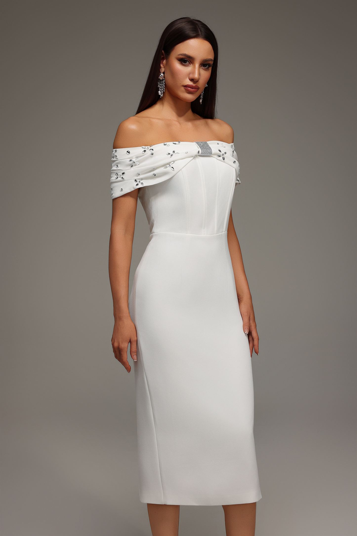 Rosie Sleeveless Off The Shoulder Diamond Bandage Midi Dress