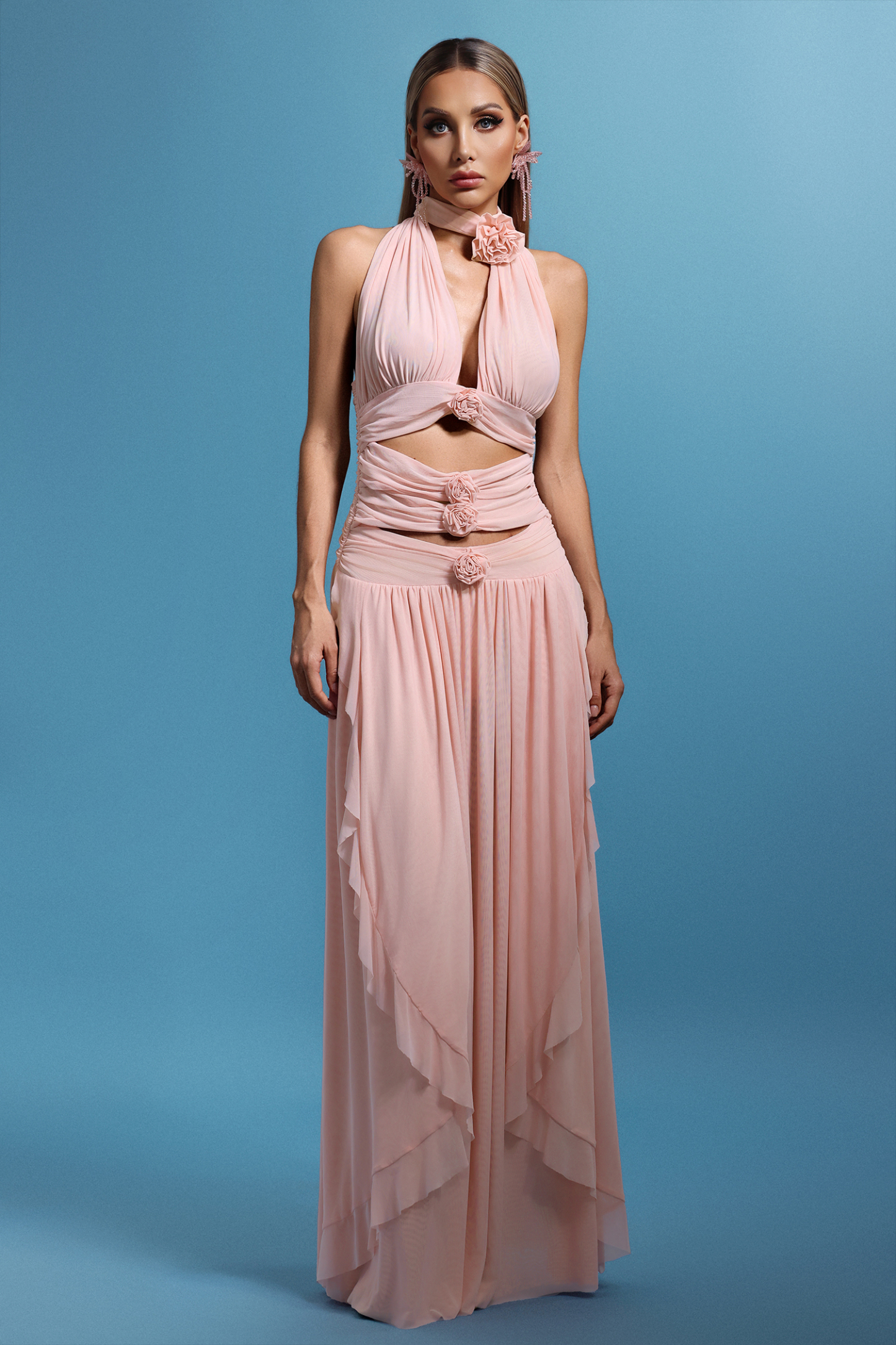 Sharian Sleevess Halter Hollowed out Flowers Maxi Dress