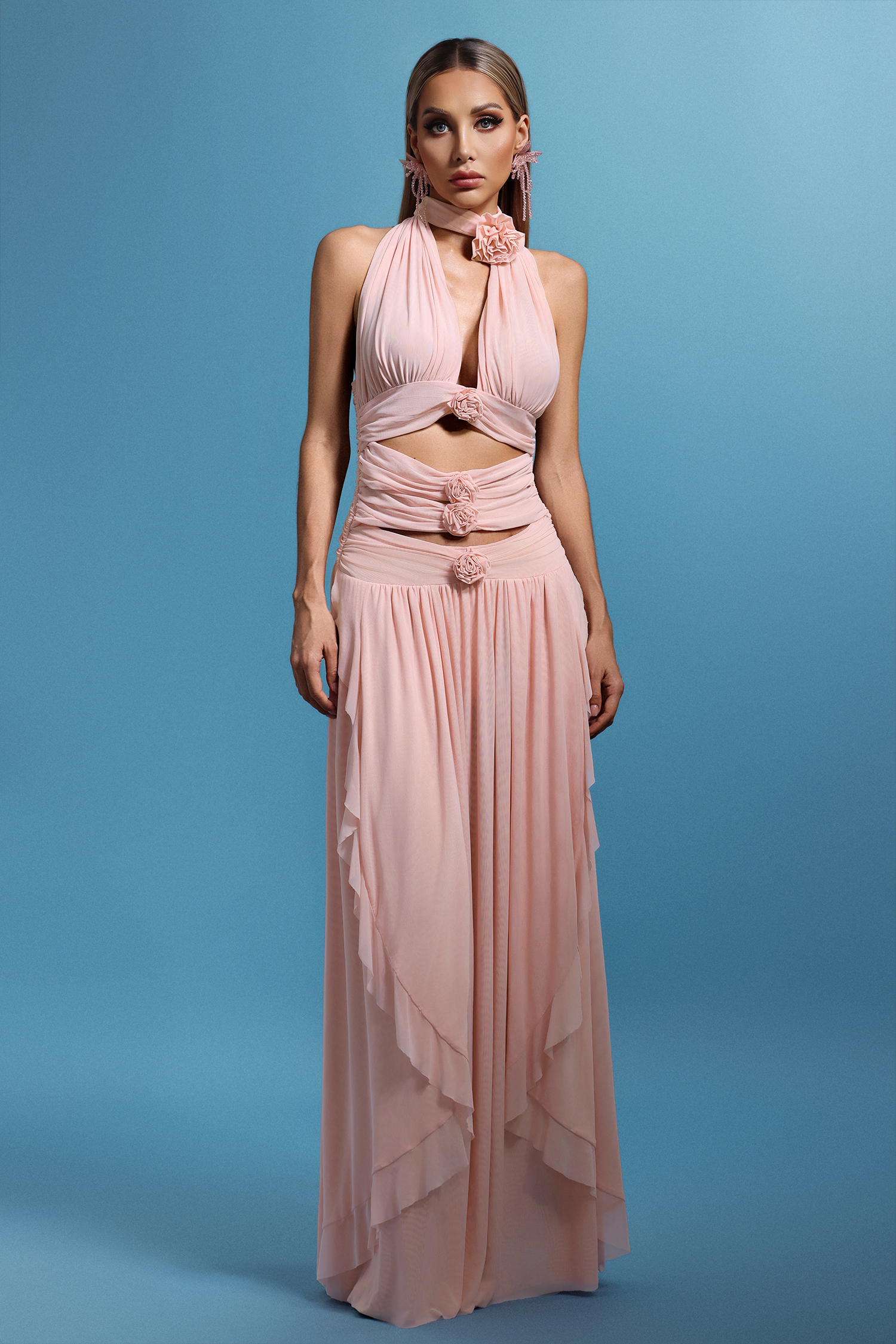 Sharian Sleevess Halter Hollowed out Flowers Maxi Dress