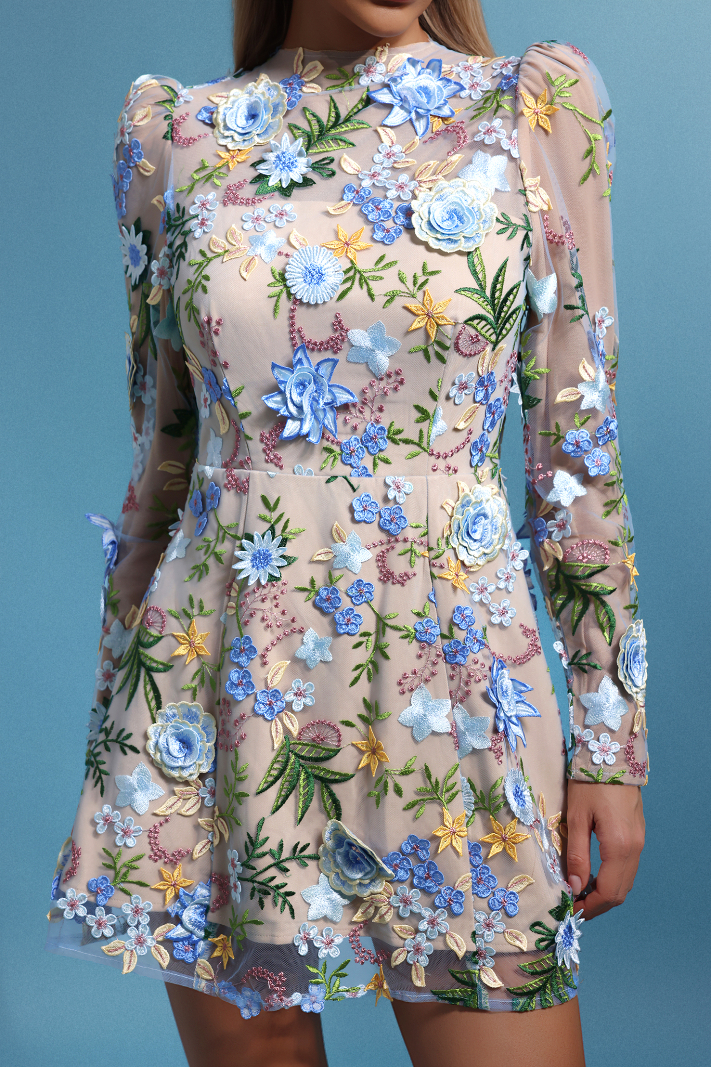 Keely Round Neck Long Sleeves Flowers Mini Dress