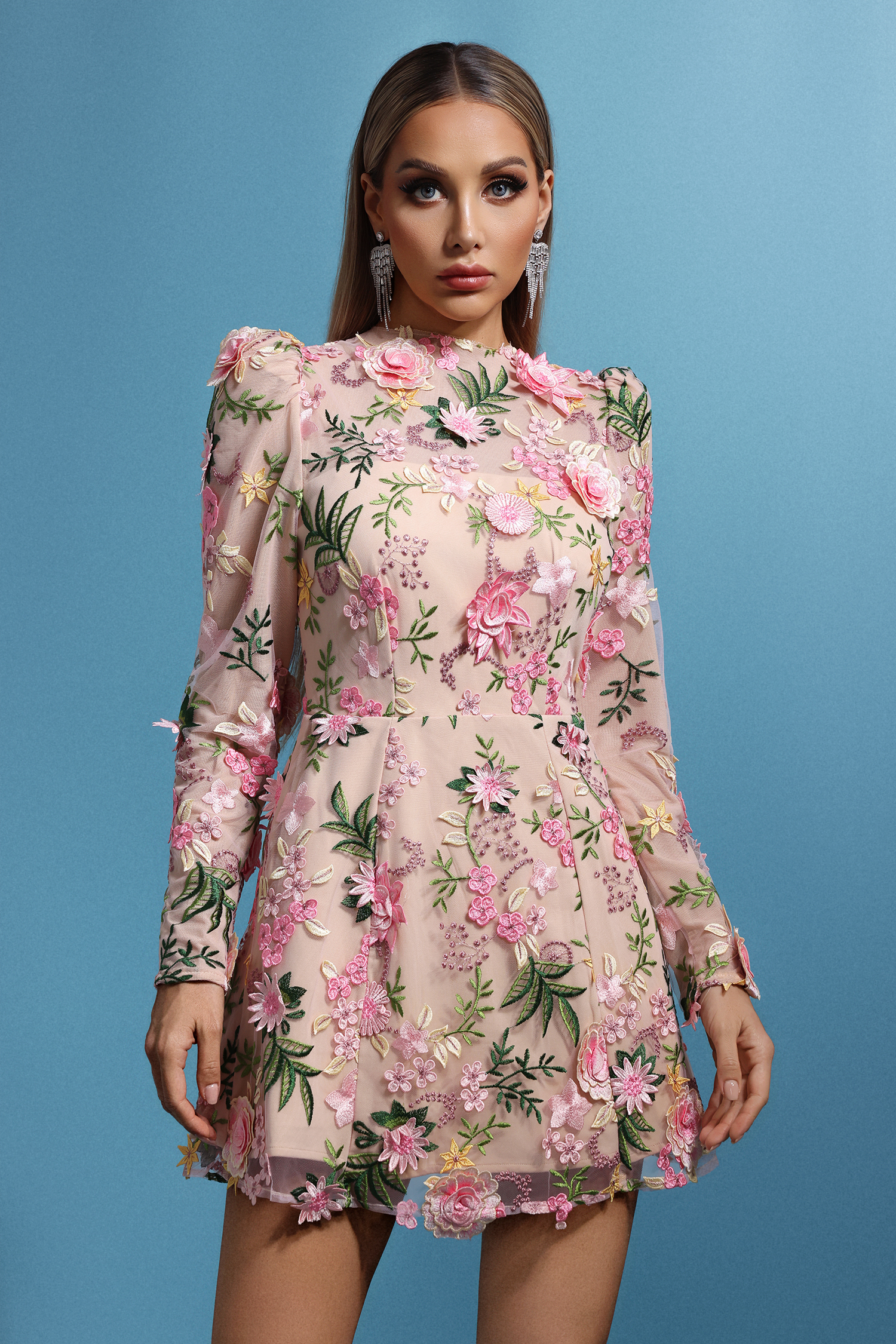 Tamarah Round Neck Long Sleeves Flowers Mini Dress
