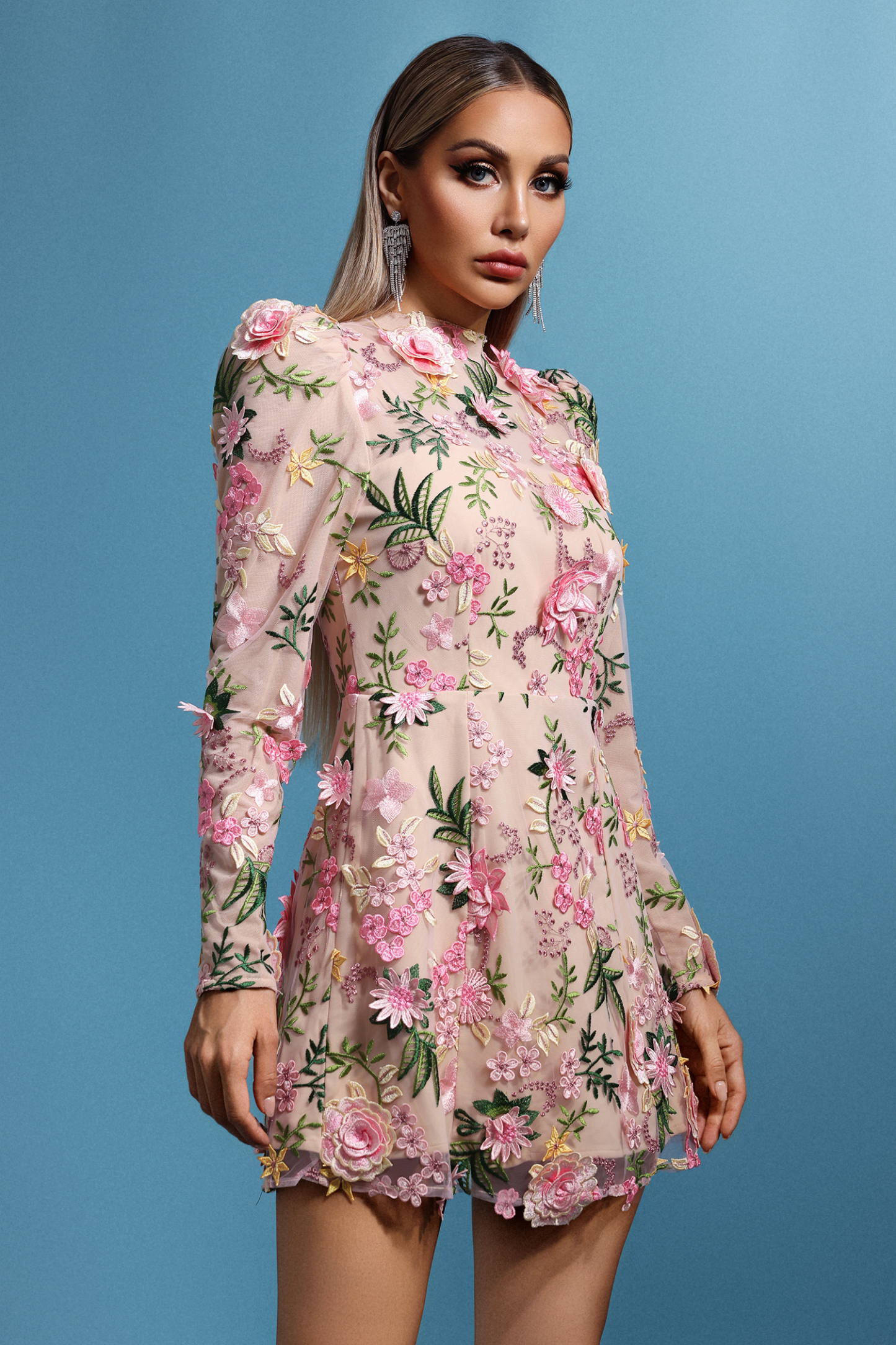 Tamarah Round Neck Long Sleeves Flowers Mini Dress