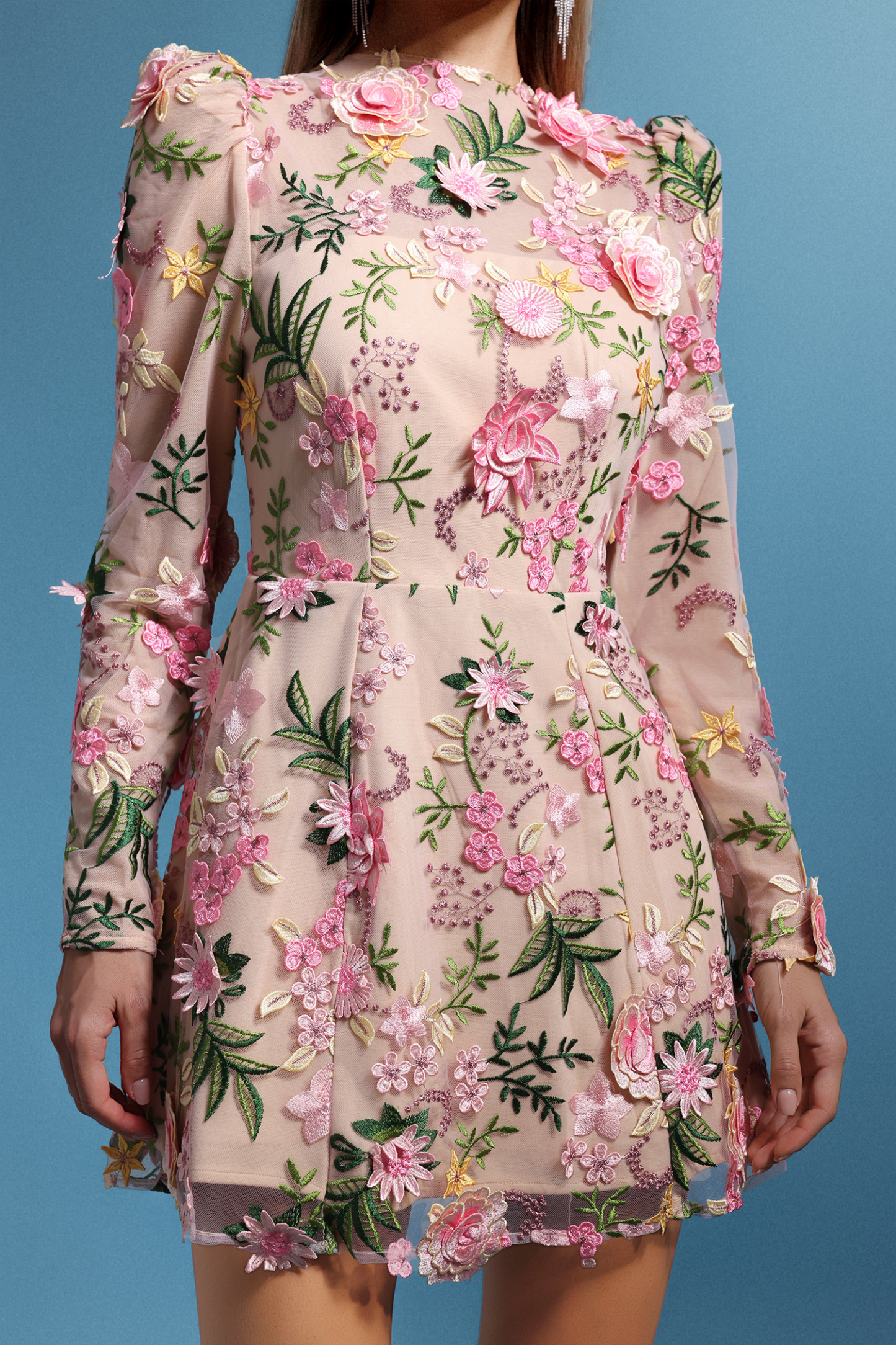 Tamarah Round Neck Long Sleeves Flowers Mini Dress