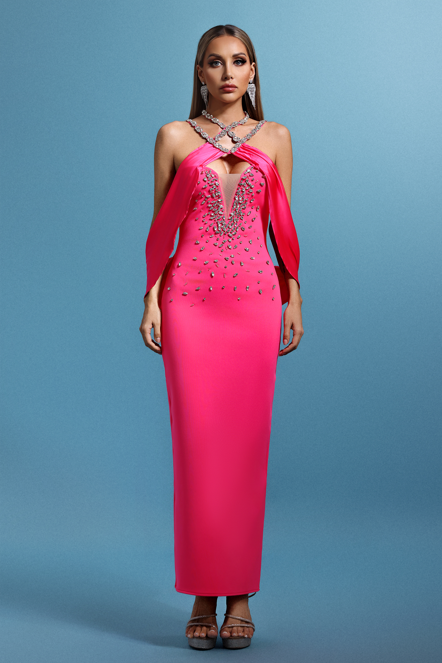 Ingrid Halter Sleeveless V-Neck Diamond Bandage Maxi Dress