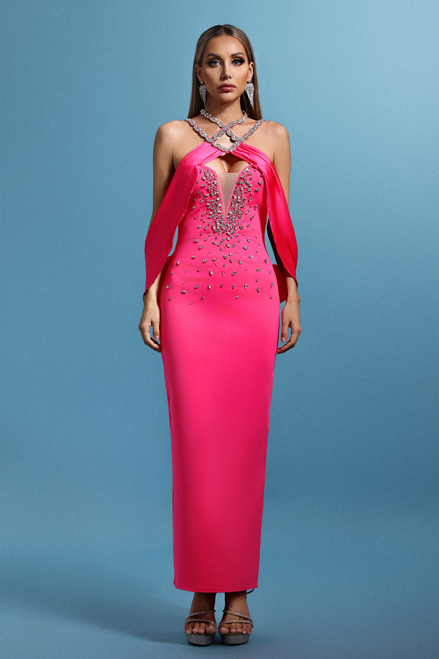 Ingrid Halter Sleeveless V-Neck Diamond Bandage Maxi Dress