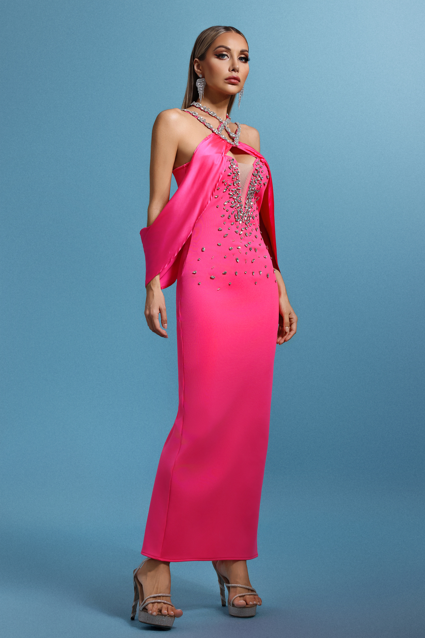 Ingrid Halter Sleeveless V-Neck Diamond Bandage Maxi Dress