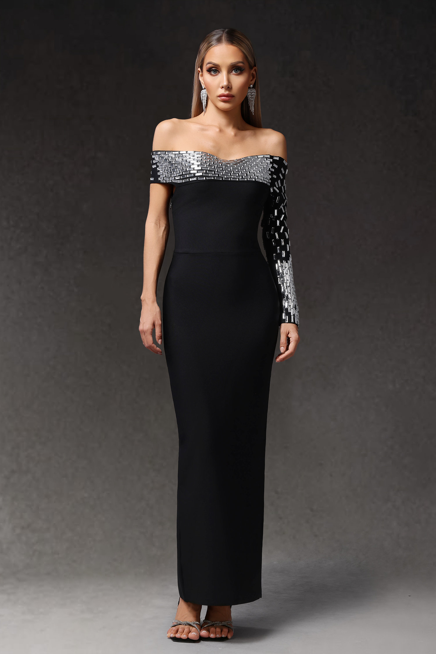 Paco Off The Shoulder Long Sleeves Diamond Bandage Maxi Dress
