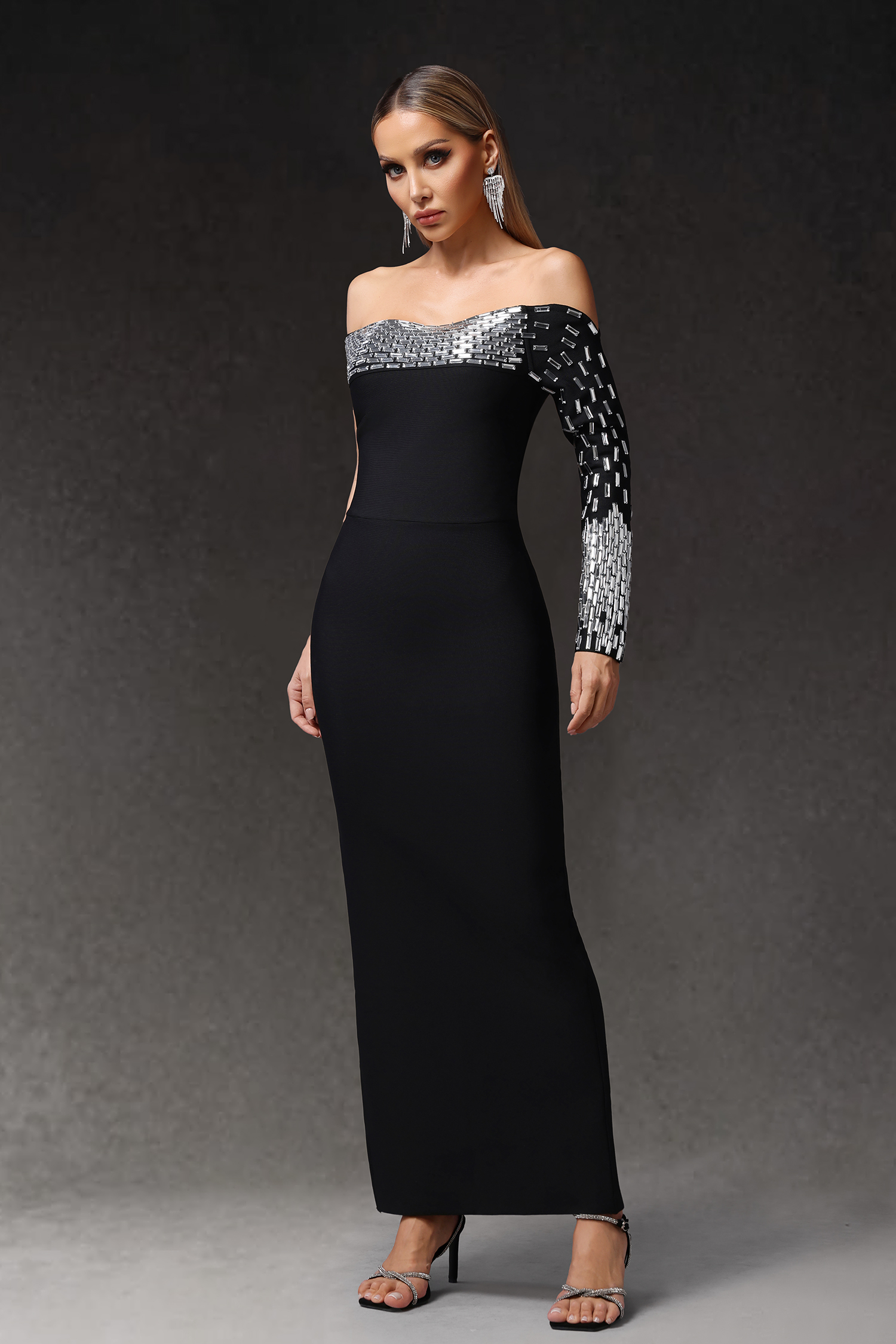 Paco Off The Shoulder Long Sleeves Diamond Bandage Maxi Dress