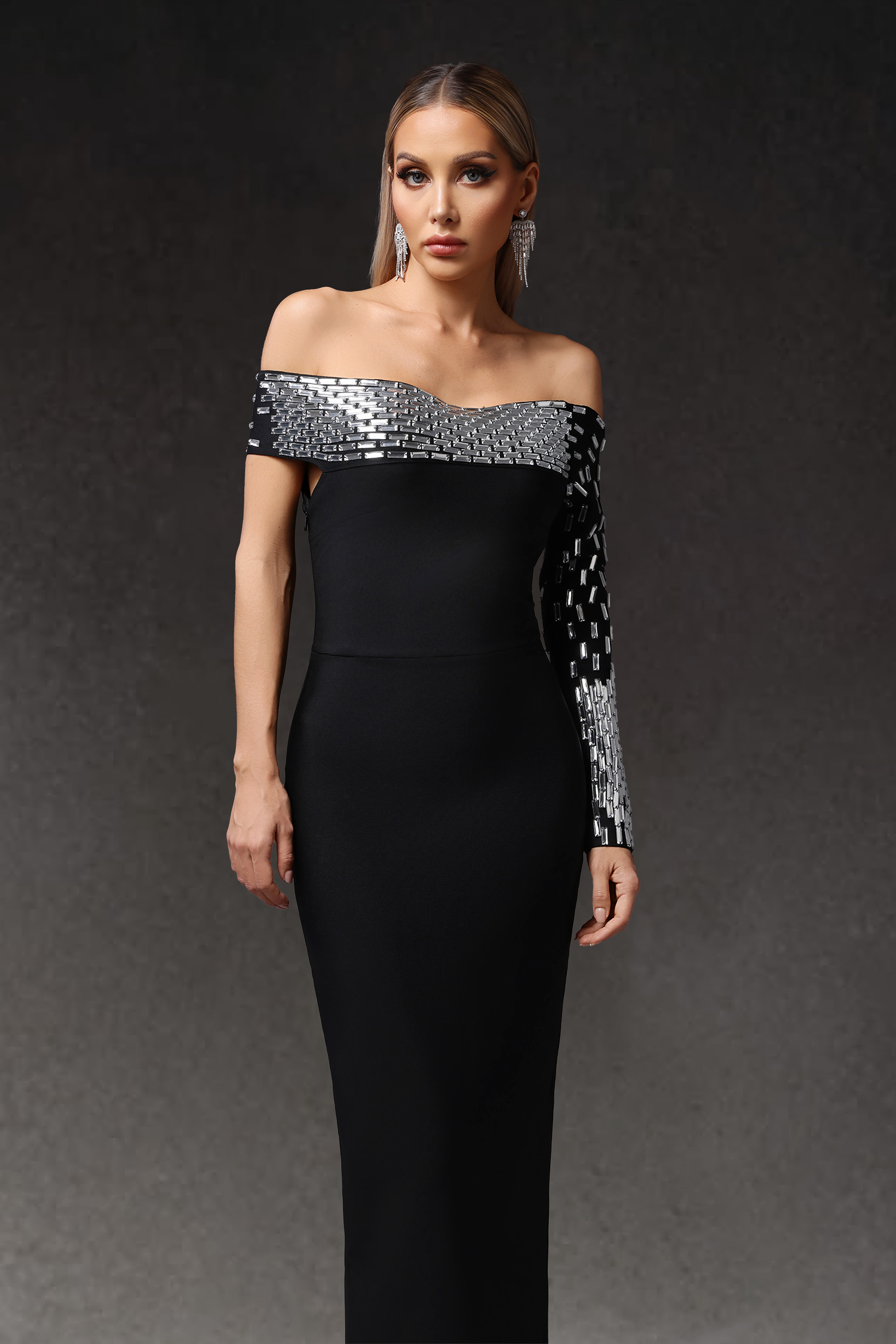 Paco Off The Shoulder Long Sleeves Diamond Bandage Maxi Dress