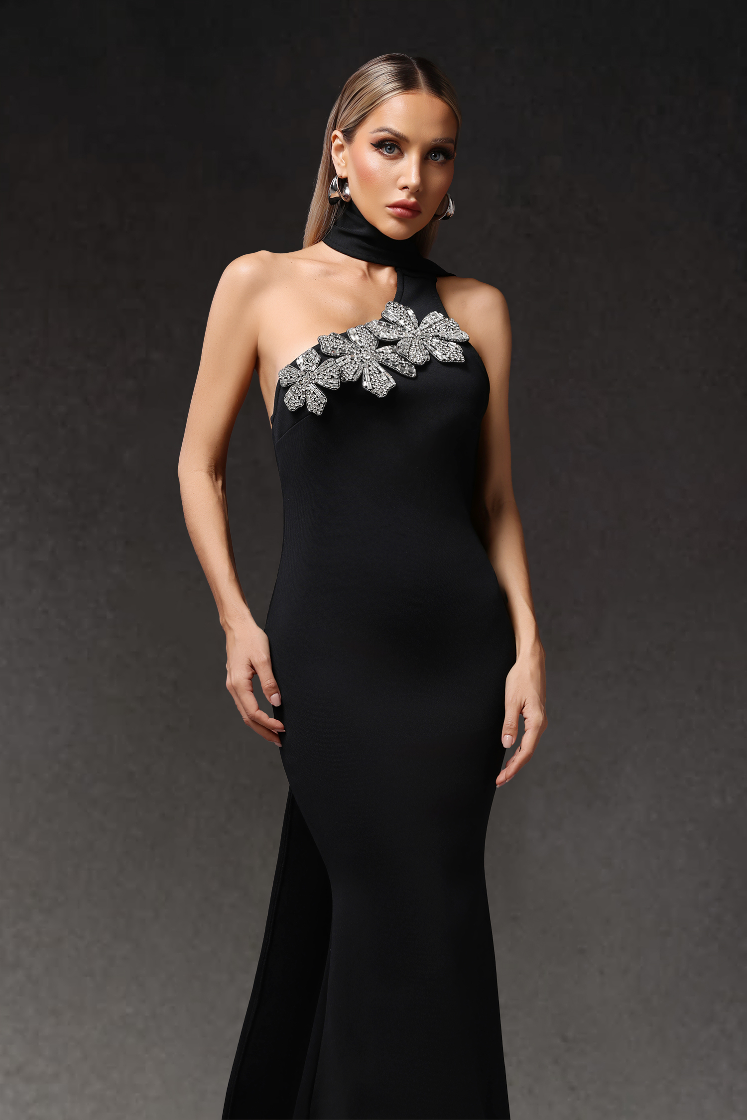 Luva One Shoulder Flower Bandage Maxi Dress