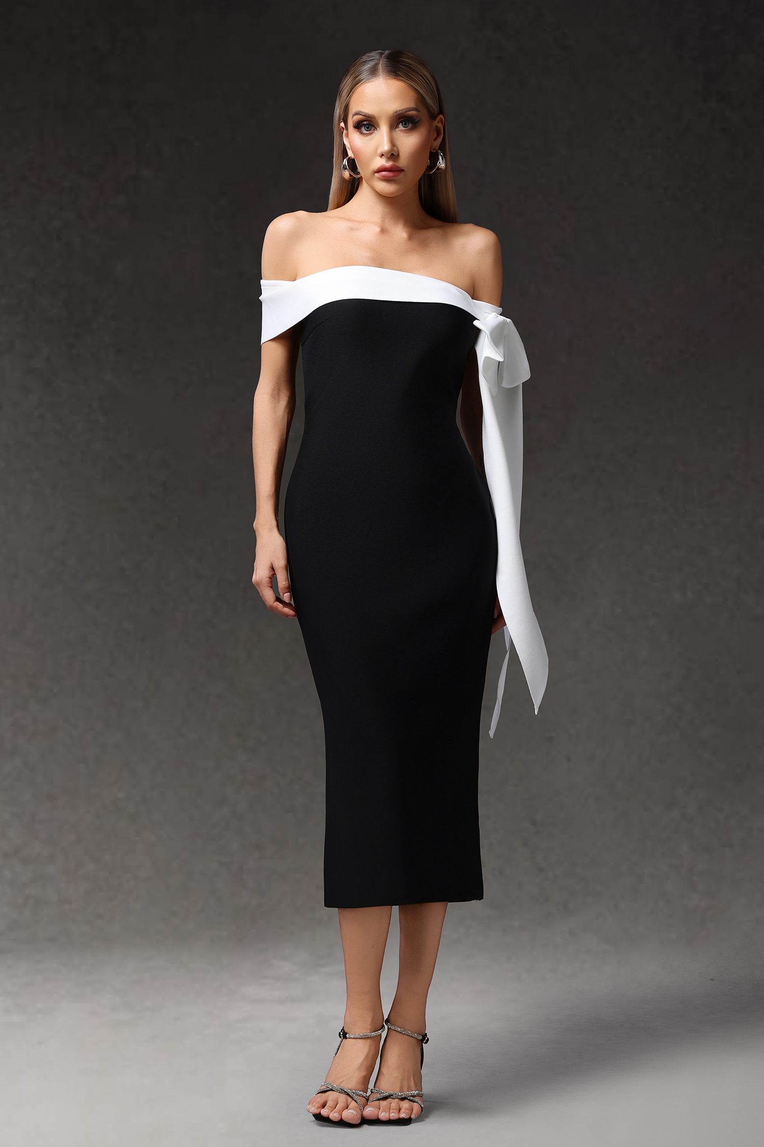 Ophelia Sleeveless Off The Shoulder Bow Bandage Midi Dress