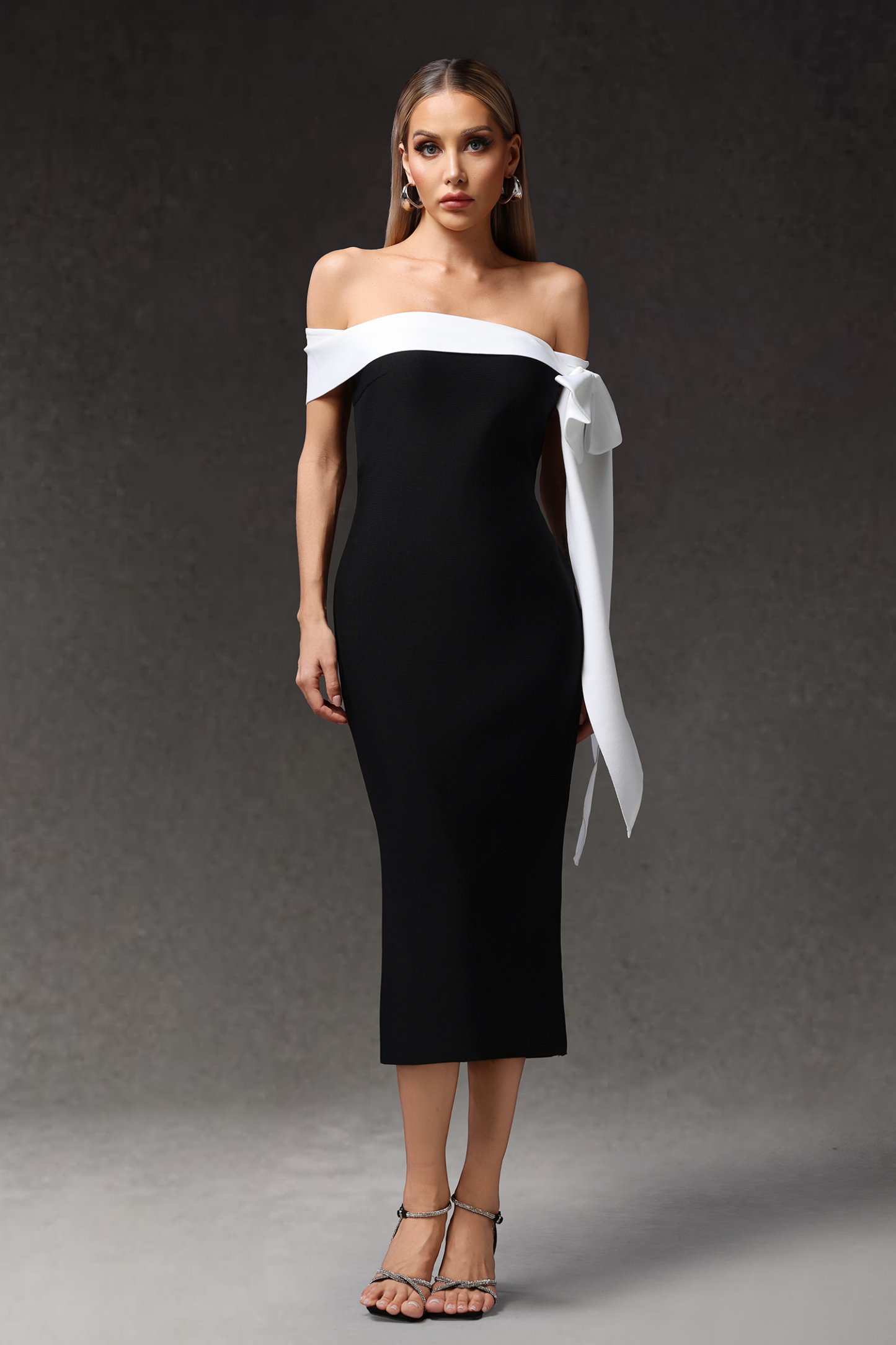 Ophelia Sleeveless Off The Shoulder Bow Bandage Midi Dress