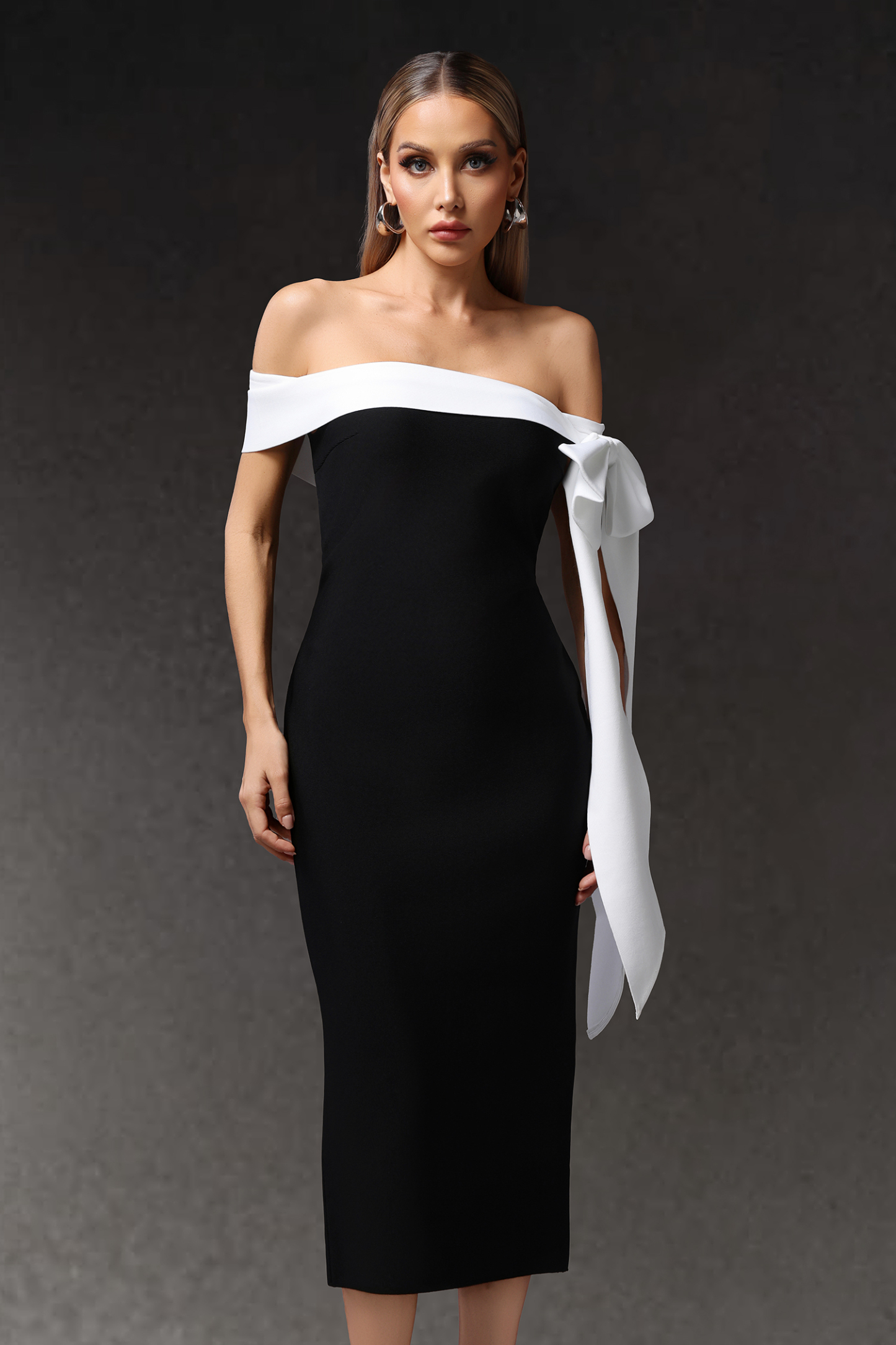 Ophelia Sleeveless Off The Shoulder Bow Bandage Midi Dress
