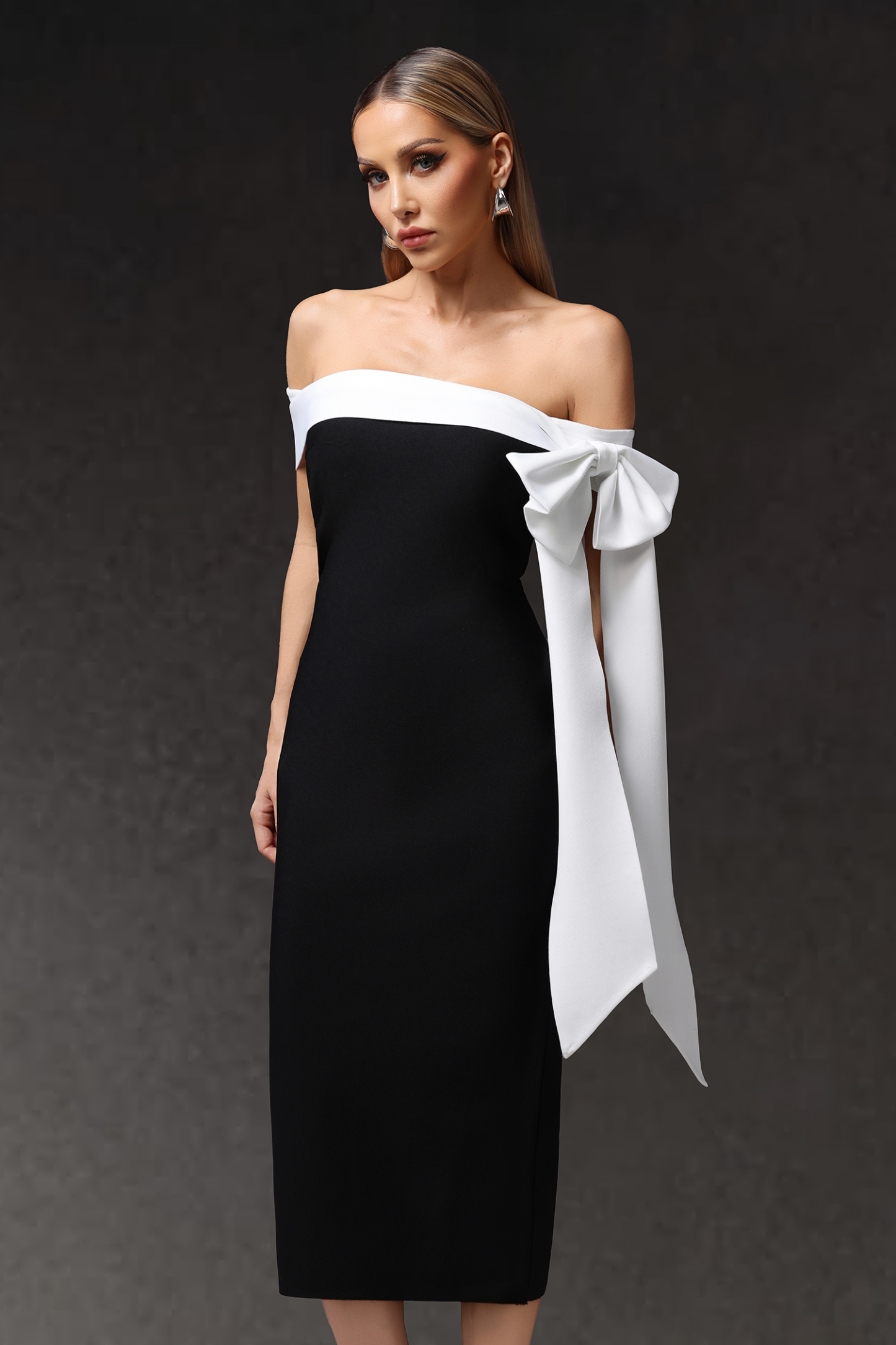 Ophelia Sleeveless Off The Shoulder Bow Bandage Midi Dress