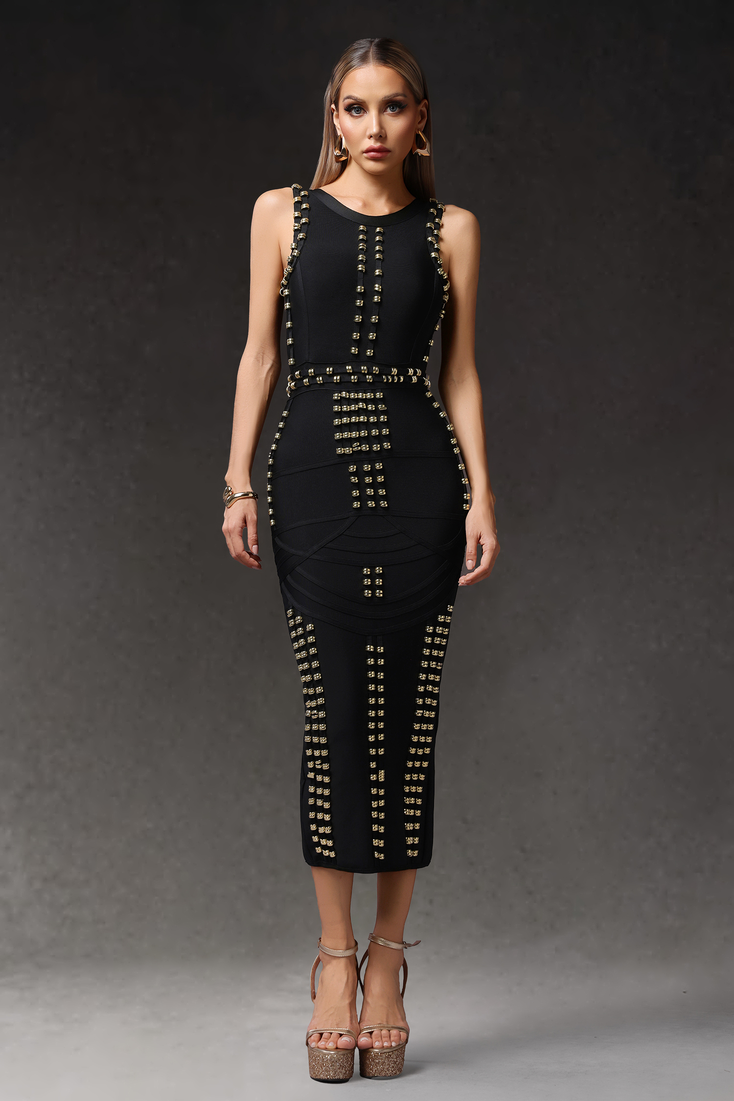 Peyton Round Neck Sleeveless Rivet Bandage Midi Dress