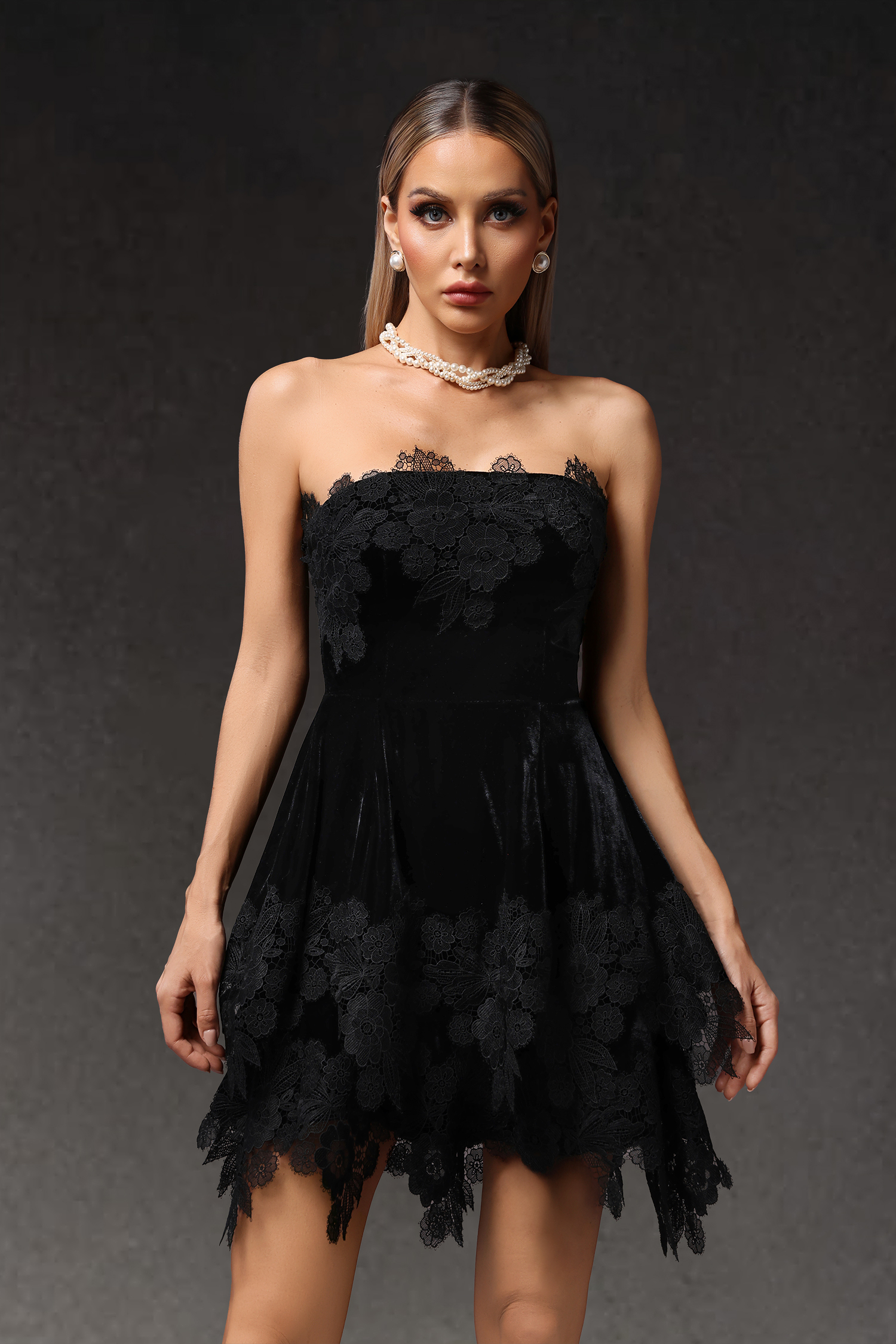 Pola Sleeveless Lace Velour Mini Dress