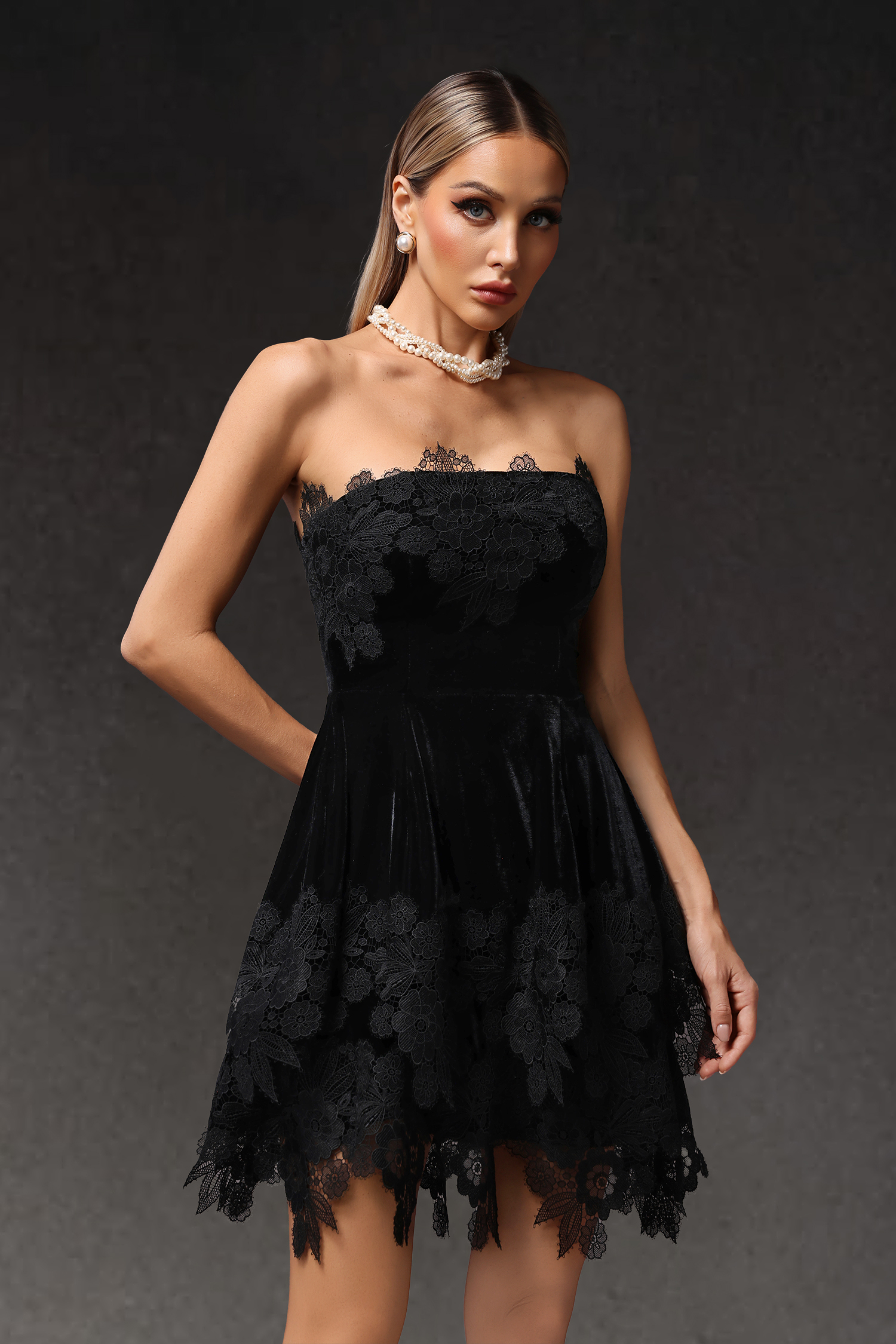 Pola Sleeveless Lace Velour Mini Dress