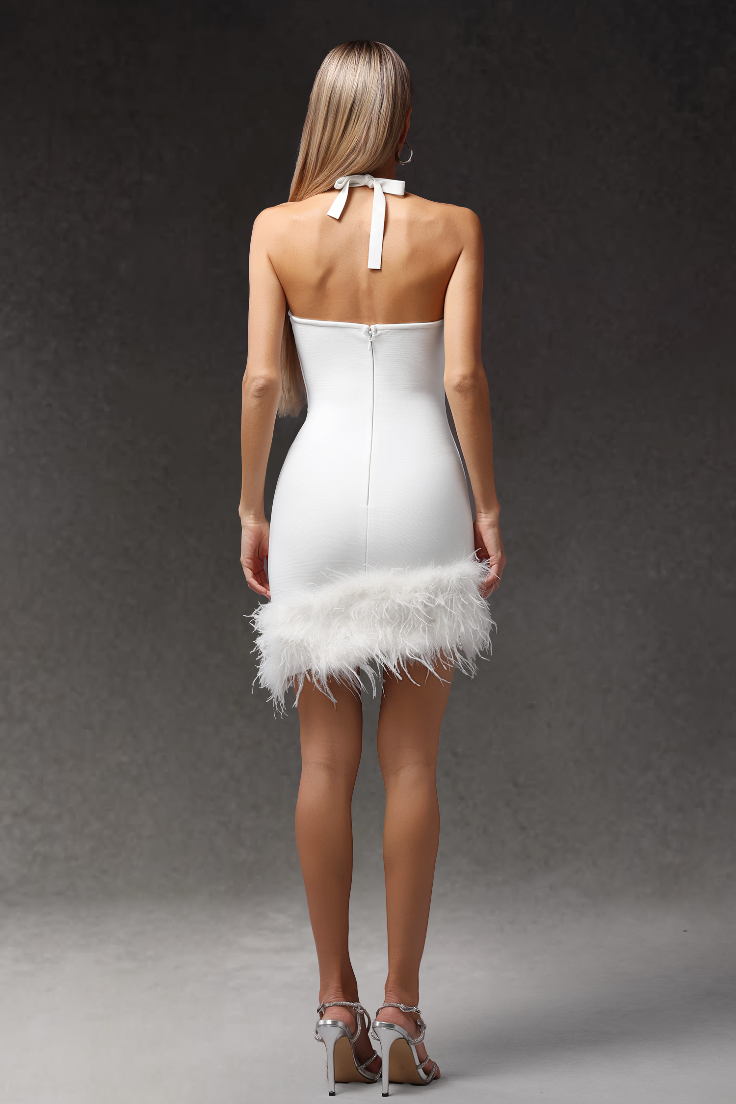 Elay Halter Sleeveless Hollow Out Diamond Feathers Bandage Midi Dress
