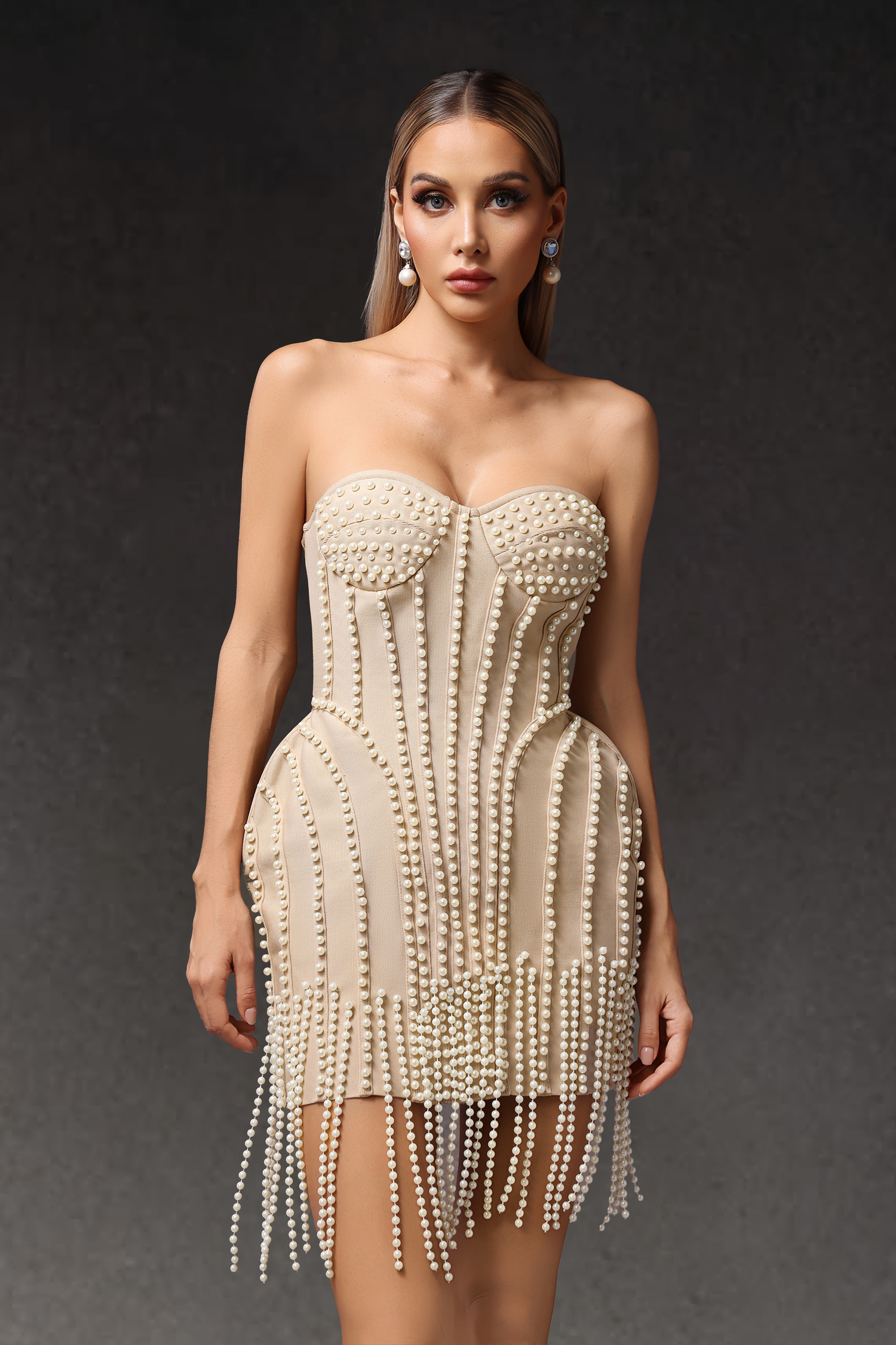 Jana Sleeveless Pearl Tassels Bandage Mini Dress