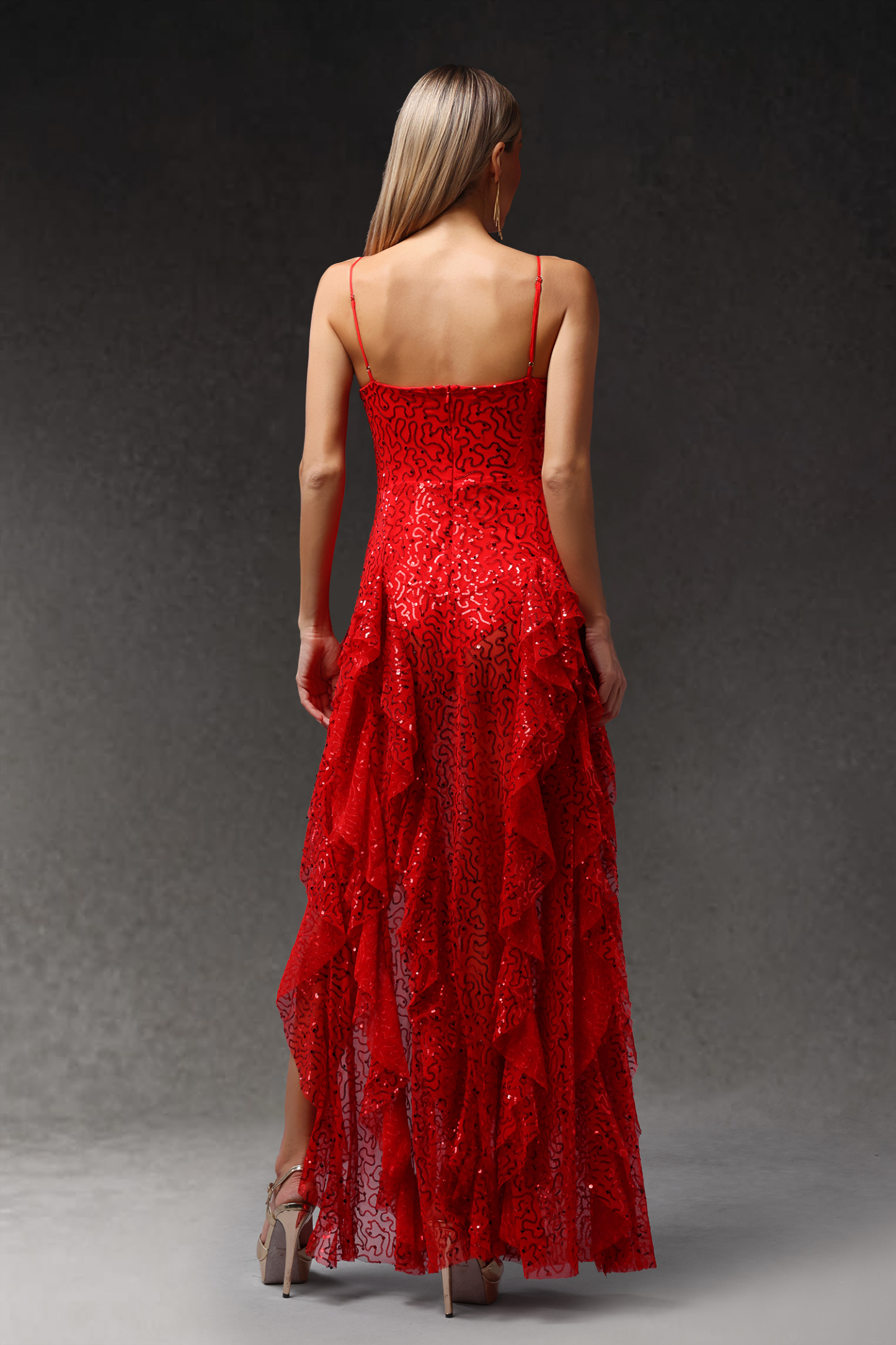 Samiya Sleeveless Sequins Slit Ruffle Maxi Dress