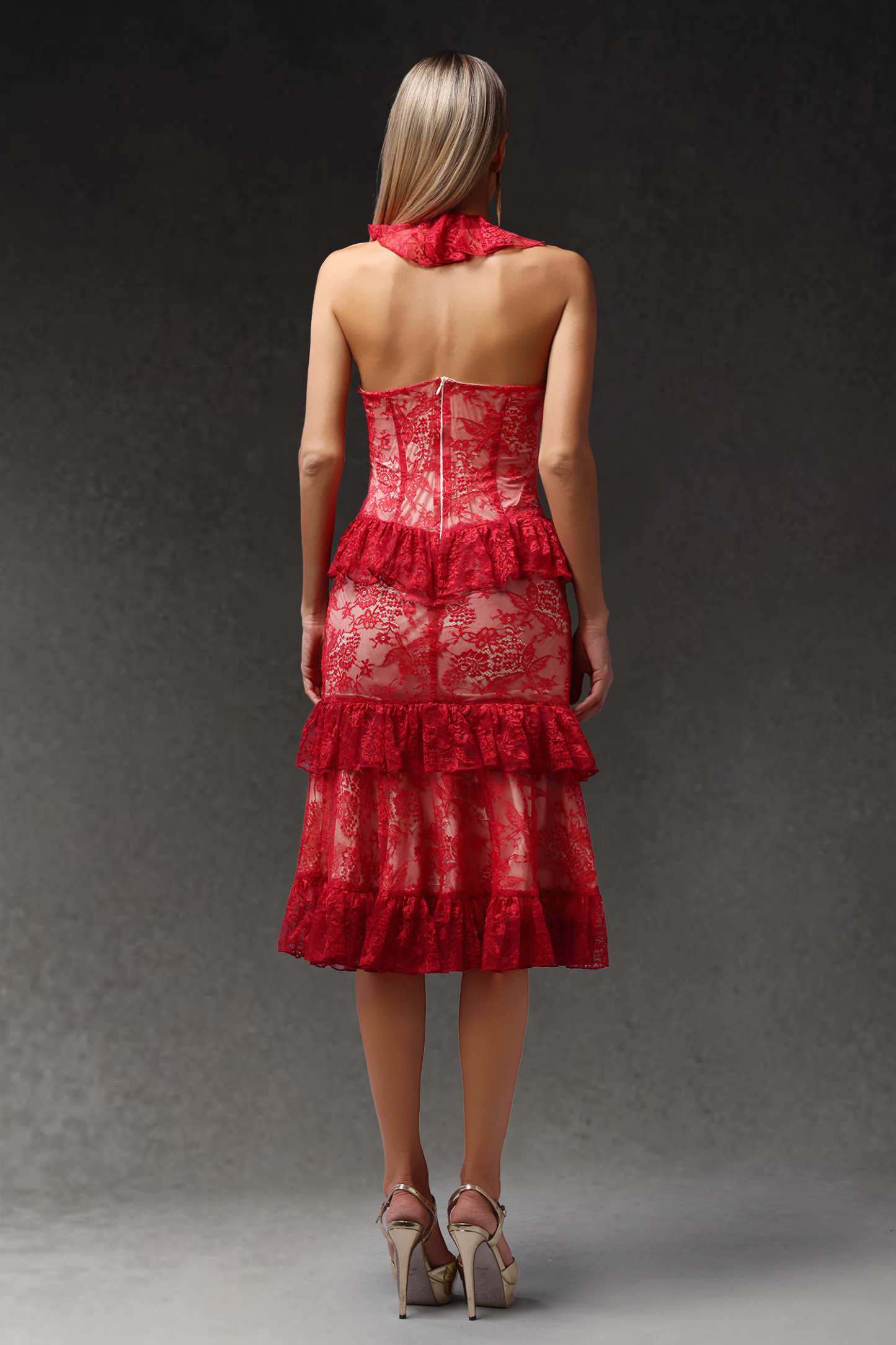 Tanria Halter V-Neck Sleeveless Lace Flounce Midi Dress