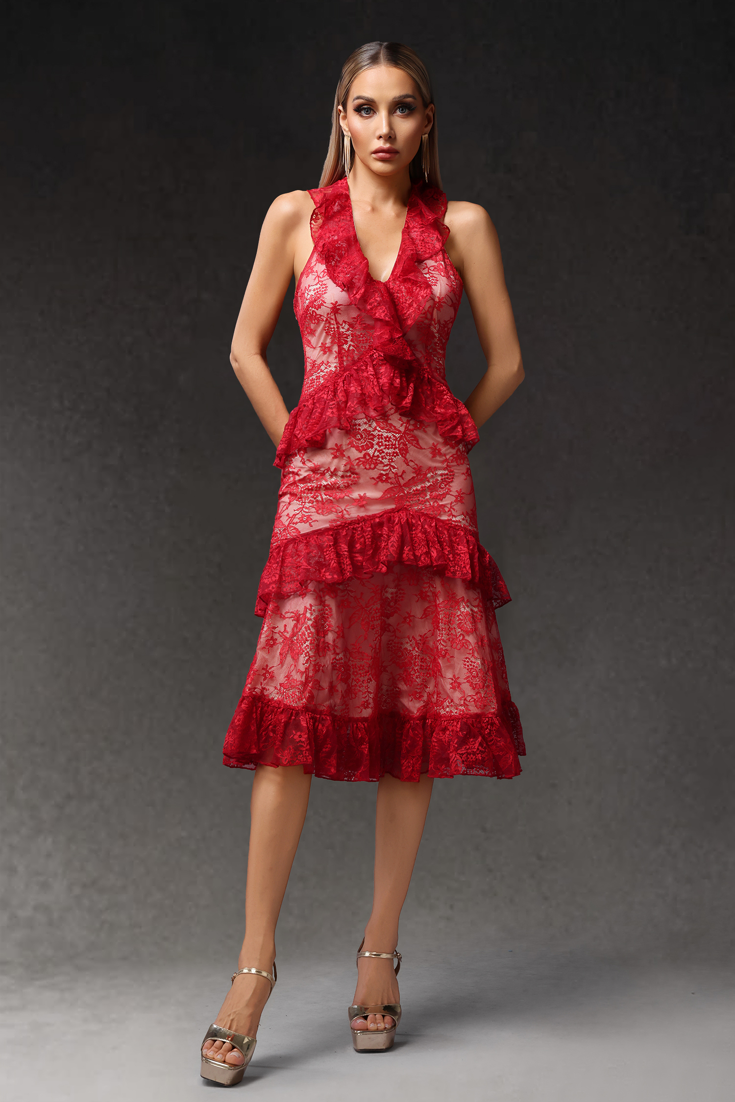 Tanria Halter V-Neck Sleeveless Lace Flounce Midi Dress