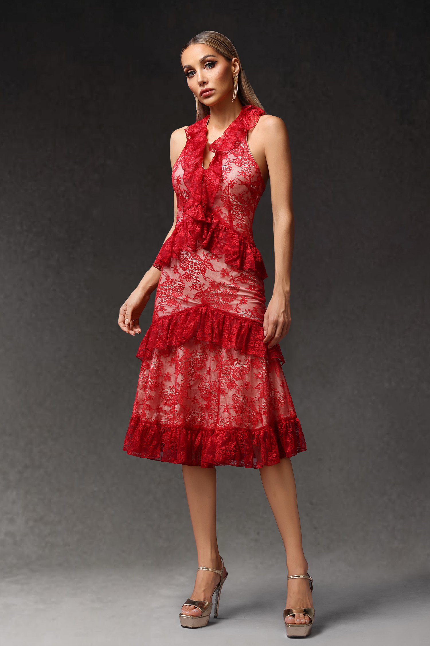 Tanria Halter V-Neck Sleeveless Lace Flounce Midi Dress