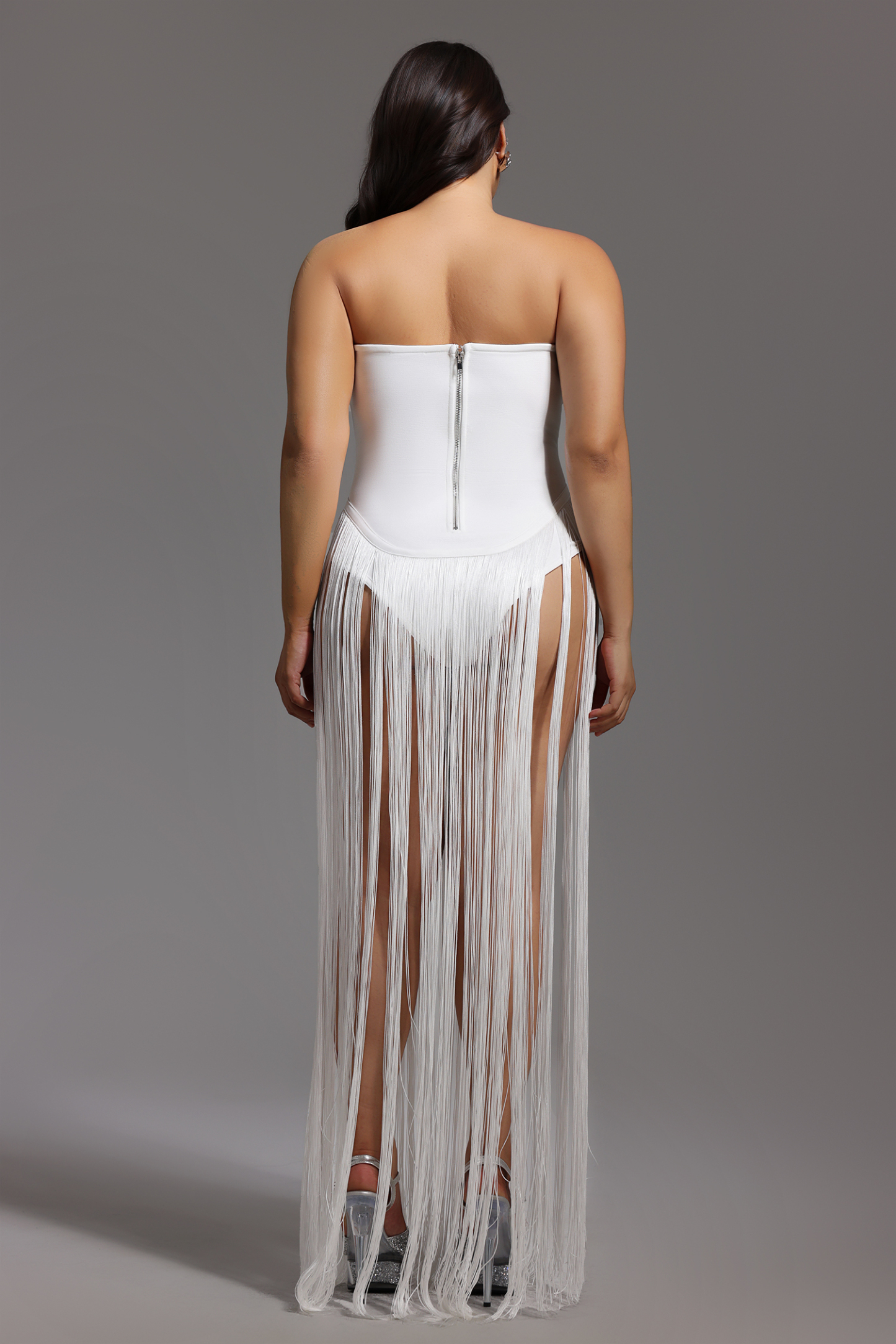 Valentina Strapless Fringe Dress - White