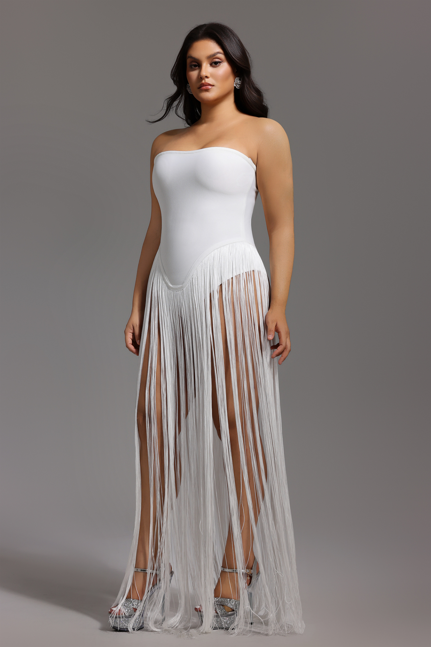 Valentina Strapless Fringe Dress - White