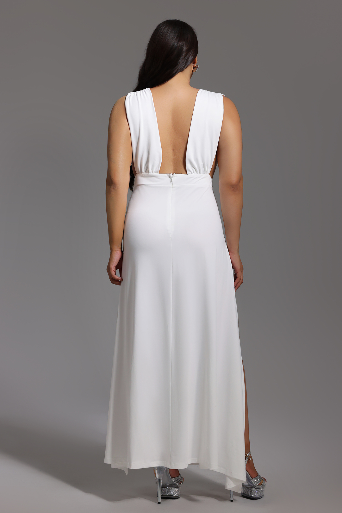 Tada Deep-V Flowers High Slit Maxi Dress