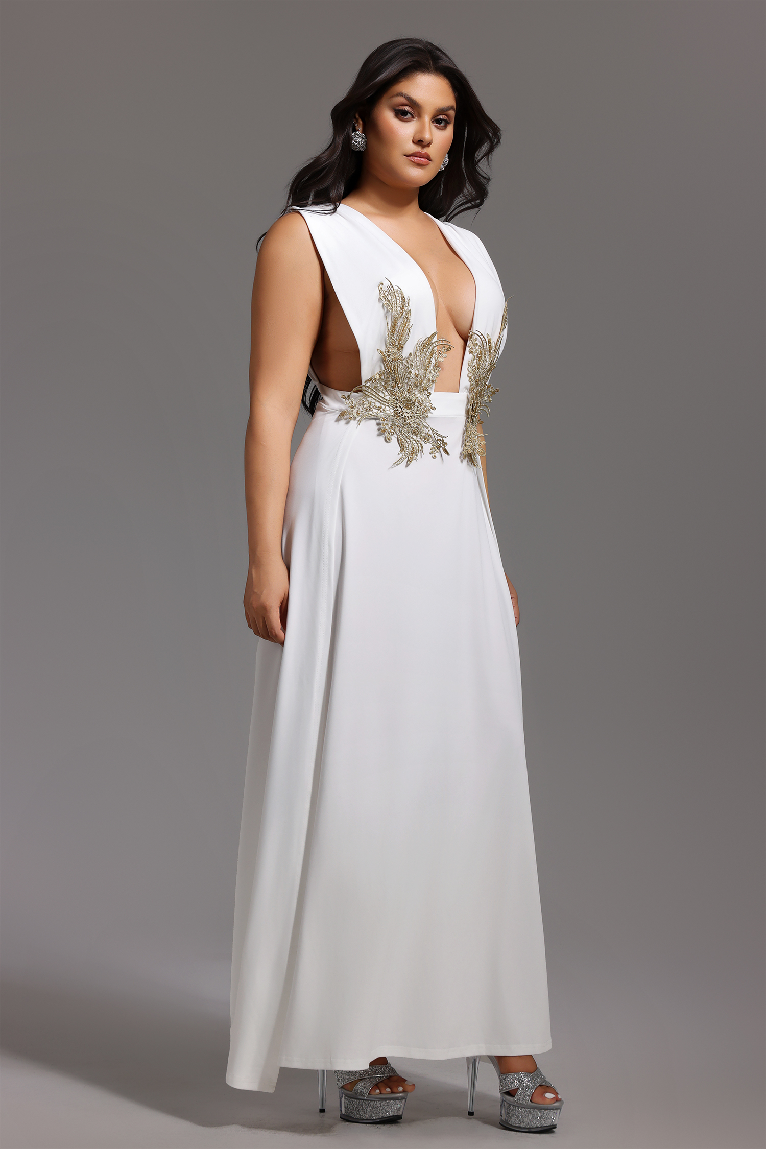 Tada Deep-V Flowers High Slit Maxi Dress