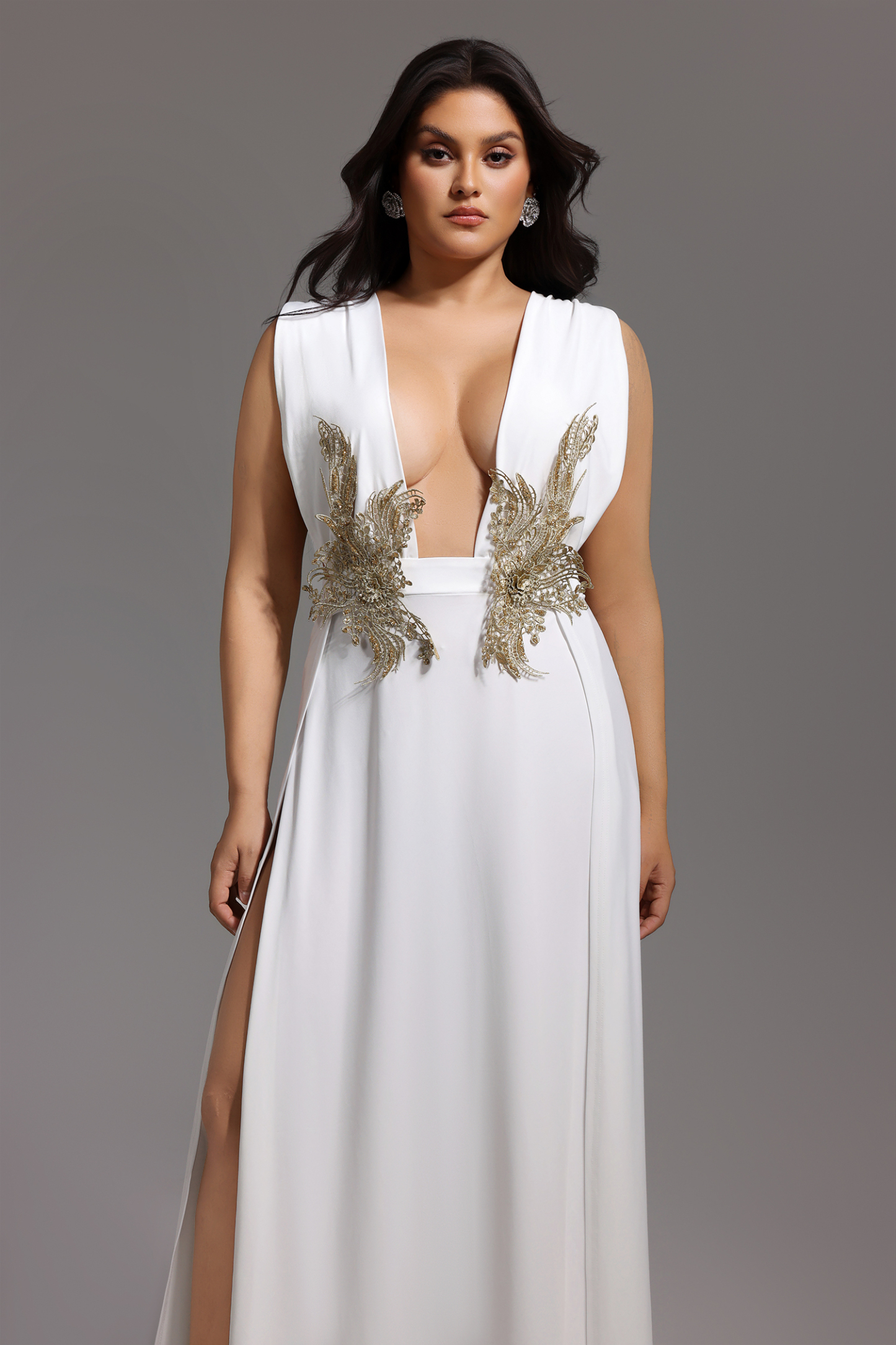 Tada Deep-V Flowers High Slit Maxi Dress