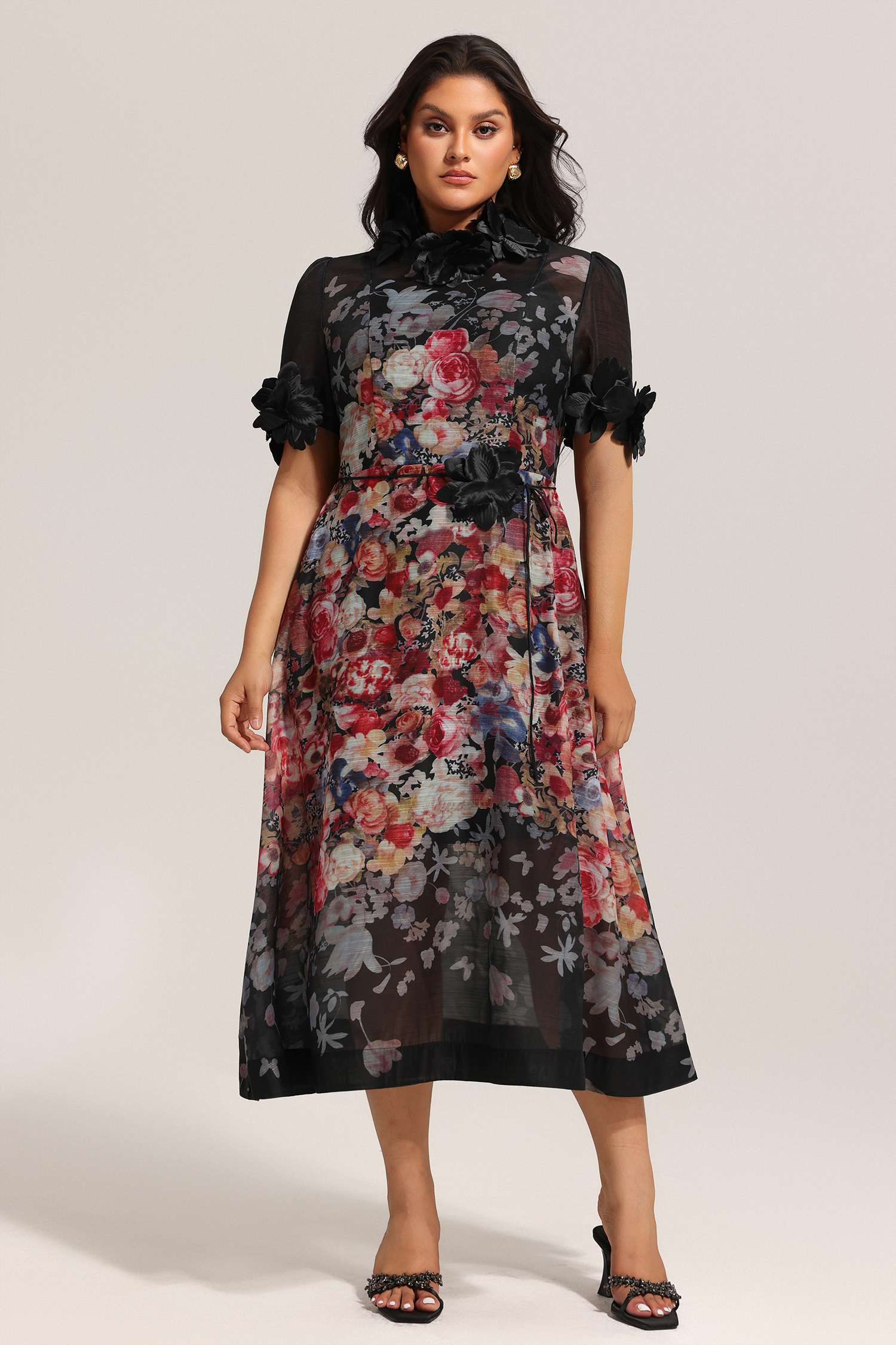 Haliya Short Sleeves Flowers Printed Midi Dress