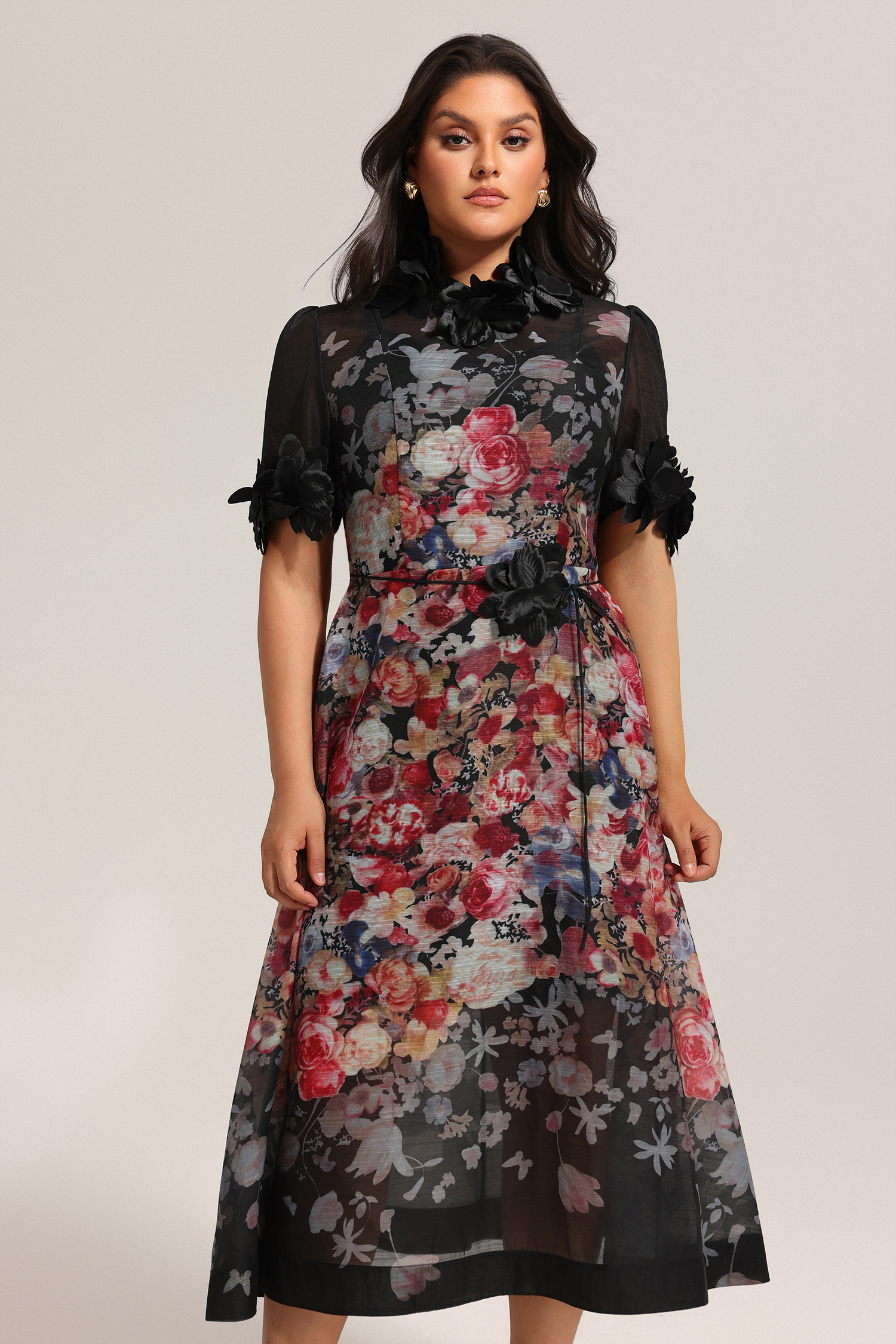 Haliya Short Sleeves Flowers Printed Midi Dress