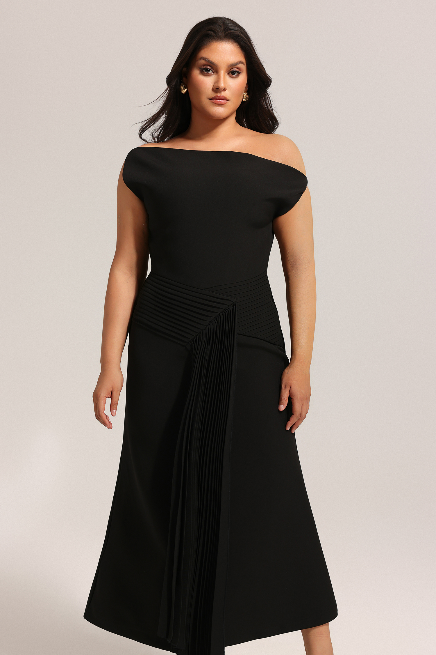 Juny Oblique Shoulder Sleeveless Folds Midi Dress