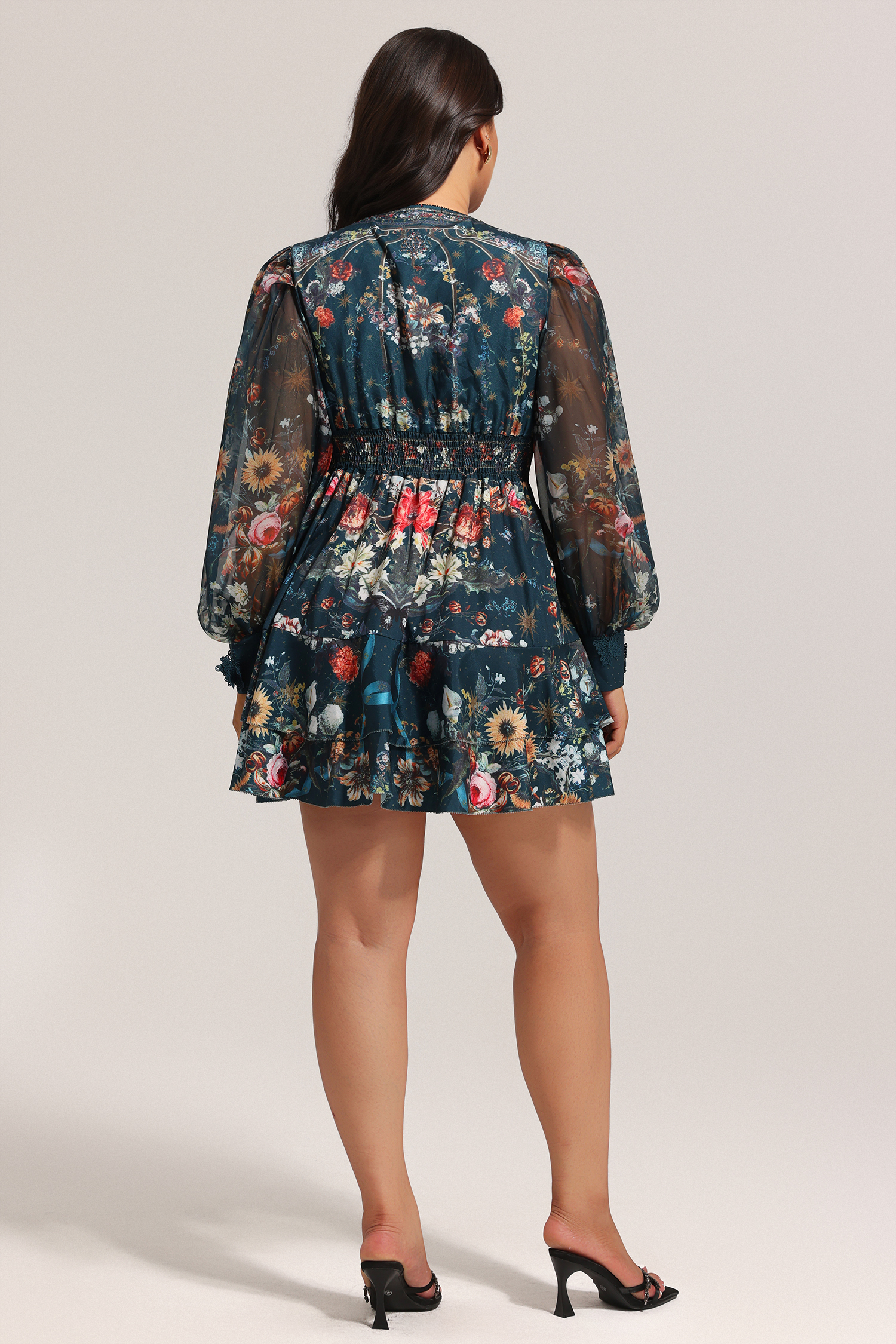 Lina V-Neck Floral Printed Long Sleeves Mini Dress