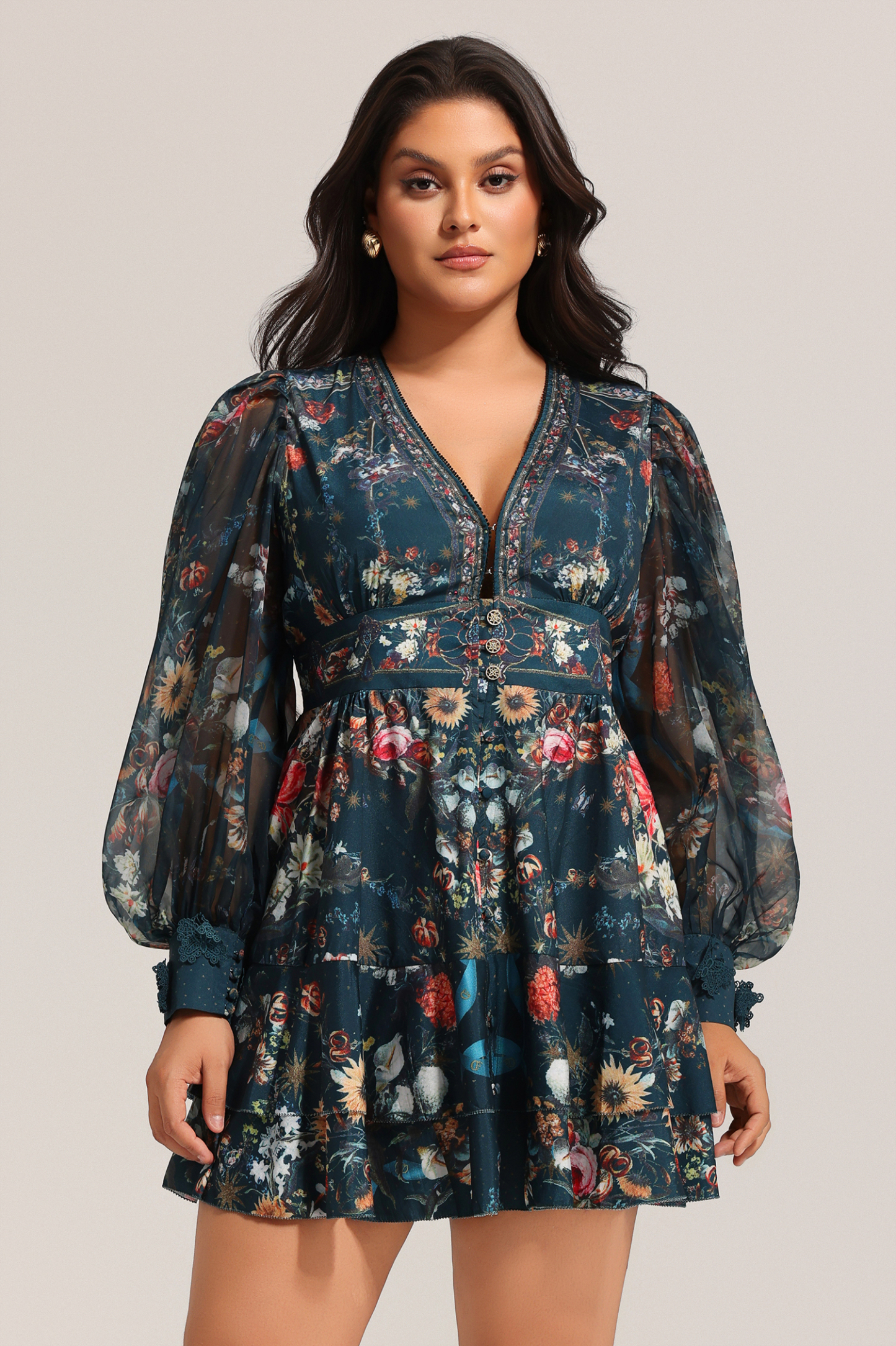 Lina V-Neck Floral Printed Long Sleeves Mini Dress