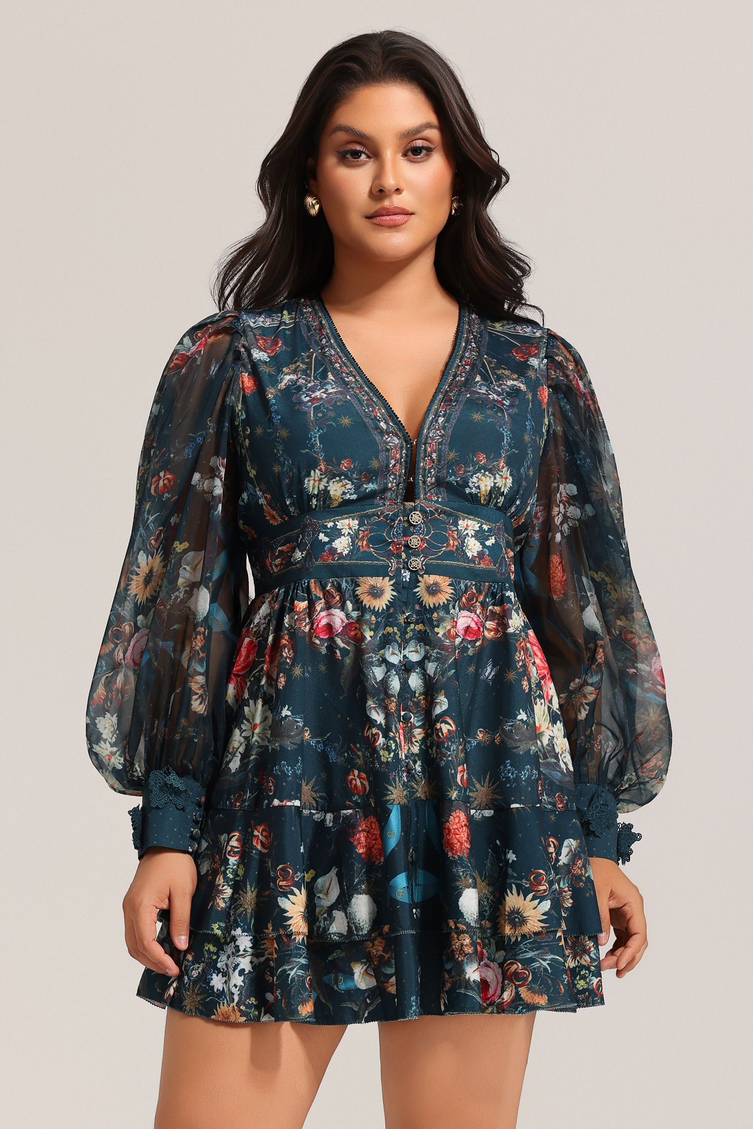 Lina V-Neck Floral Printed Long Sleeves Mini Dress