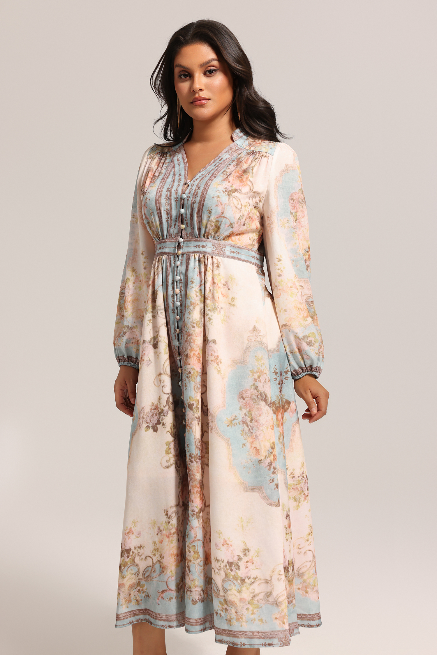 Edan Floral Printed Long Sleeves Midi Dress