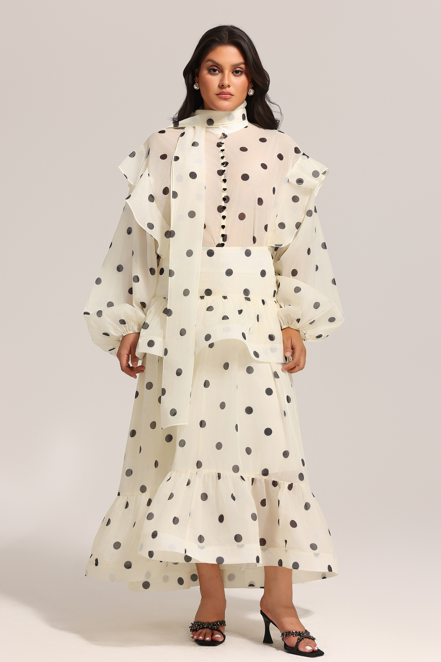 Rode Dot Printed Folds Long Sleeves Top And Skirt Two-Piece Set