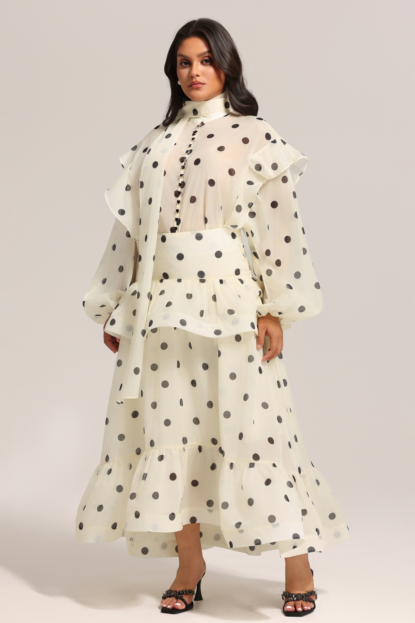 Rode Dot Printed Folds Long Sleeves Top And Skirt Two-Piece Set