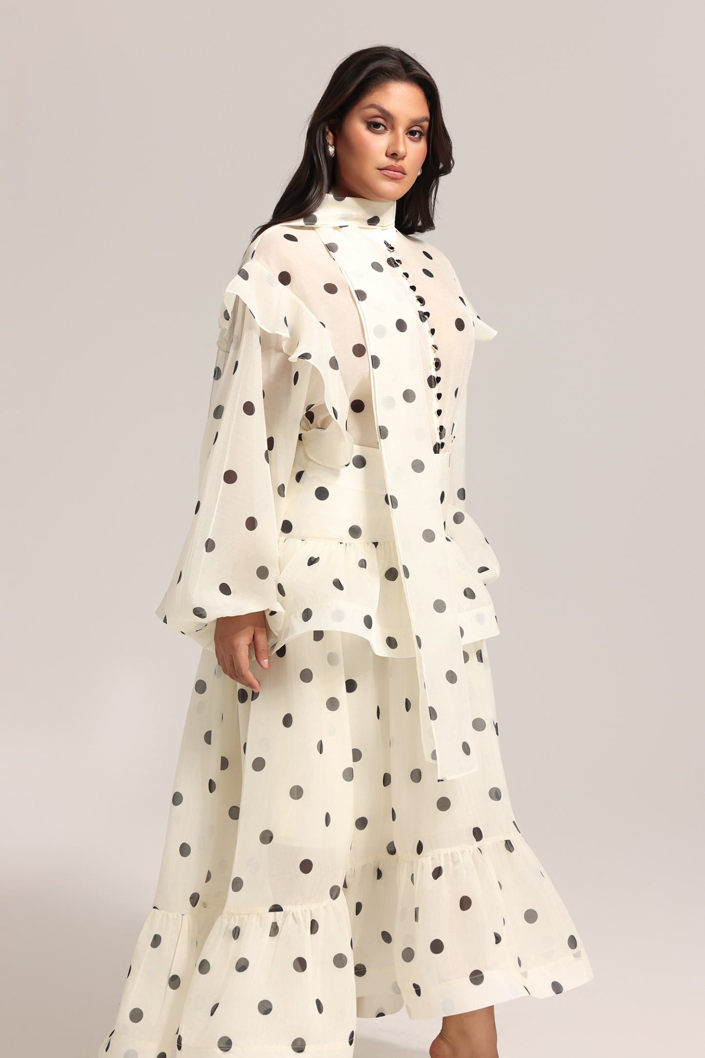 Rode Dot Printed Folds Long Sleeves Top And Skirt Two-Piece Set