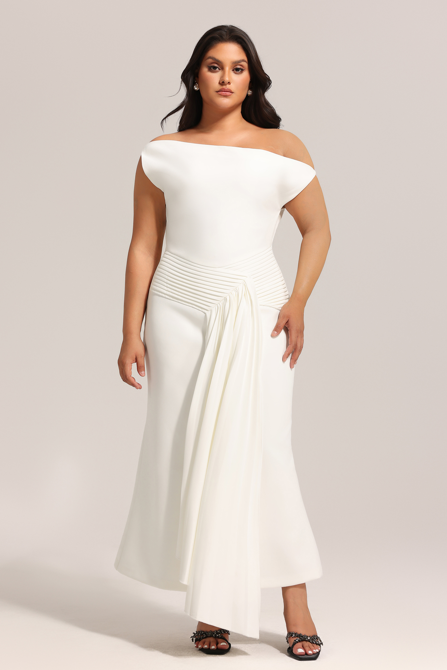 Paulina Oblique Shoulder Sleeveless Folds Midi Dress