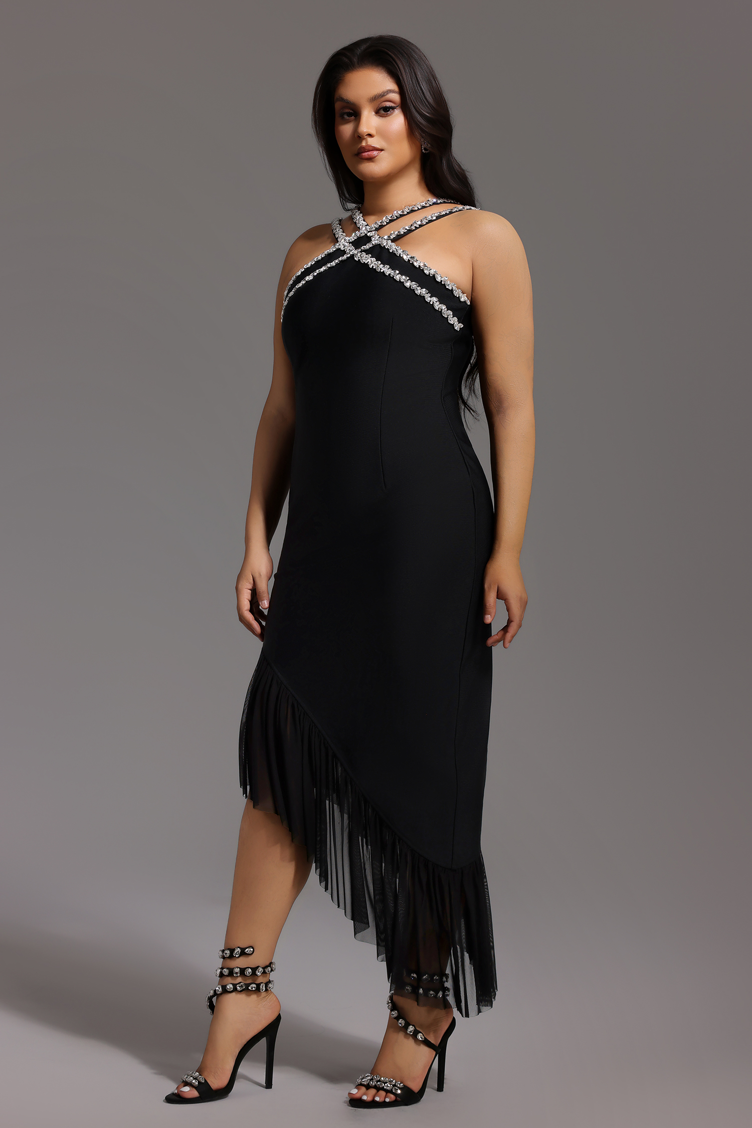 Nialla Sleeveless Diamond Flounce Bandage Maxi Dress