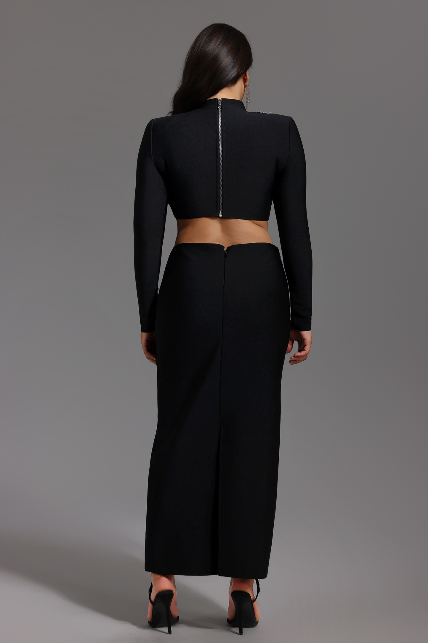 Ulama Choker Long Sleeve Diamond Flowers Bandage Maxi Two-Piece Set