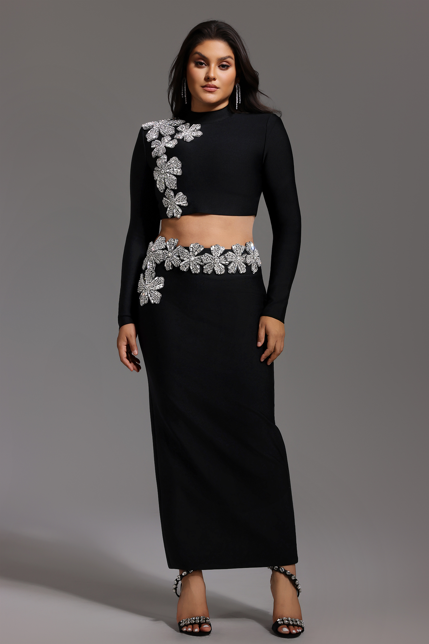 Ulama Choker Long Sleeve Diamond Flowers Bandage Maxi Two-Piece Set