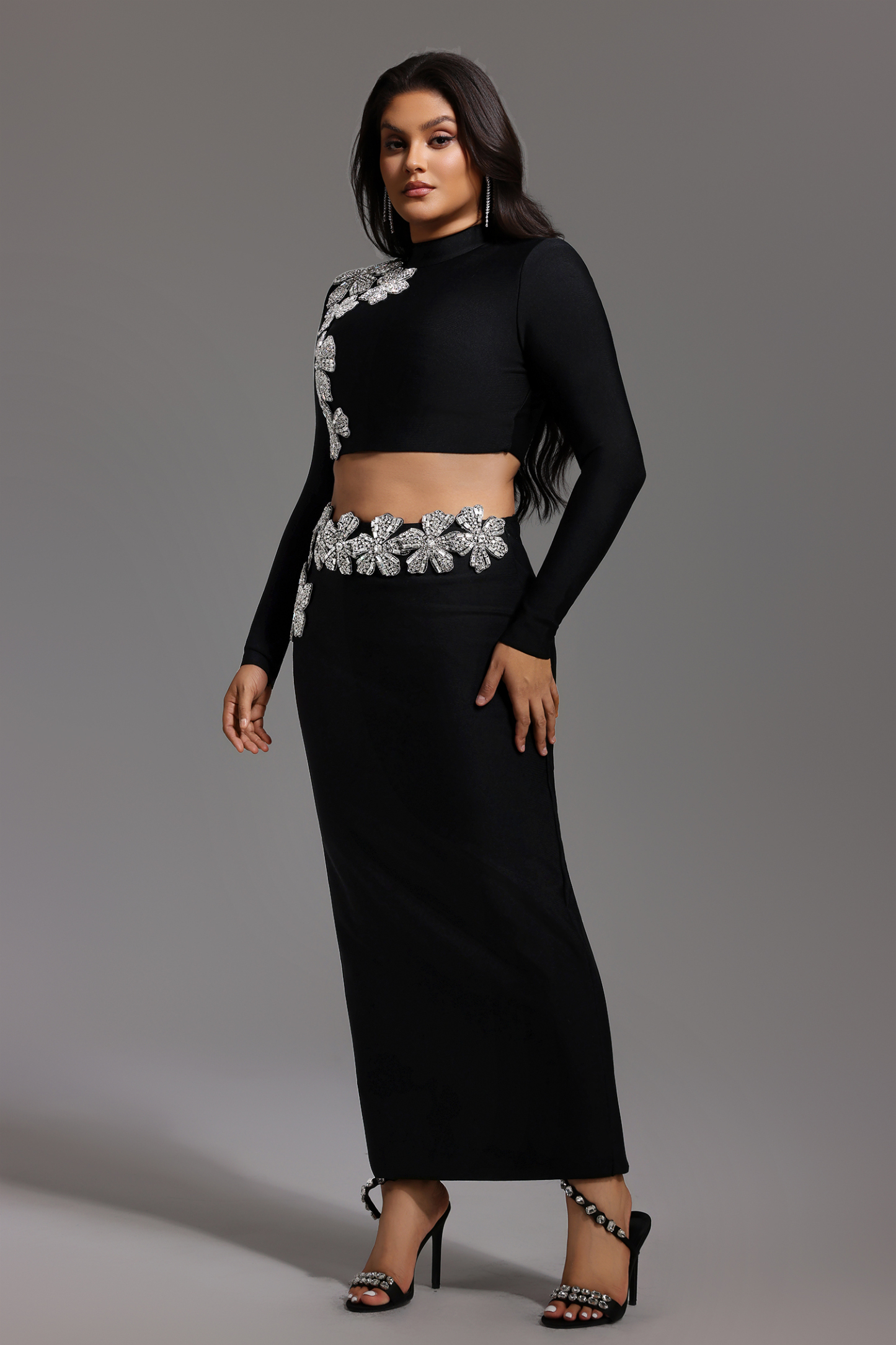 Ulama Choker Long Sleeve Diamond Flowers Bandage Maxi Two-Piece Set